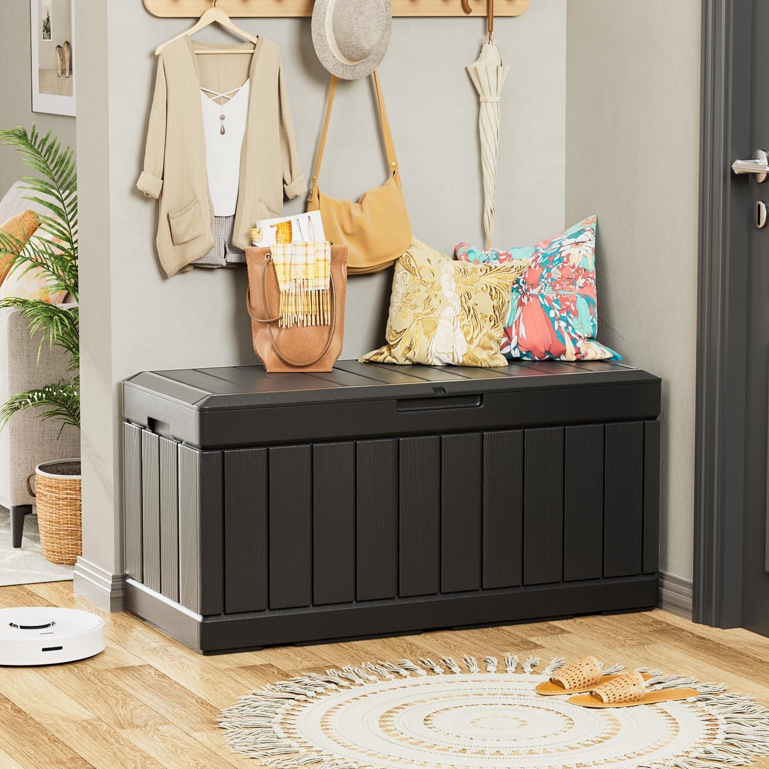 YESHOMY Baúl de almacenamiento, banco de zapatos de resina para entrada con soporte hidráulico, tapa abatible, soporte lateral, soporta 450 libras,
