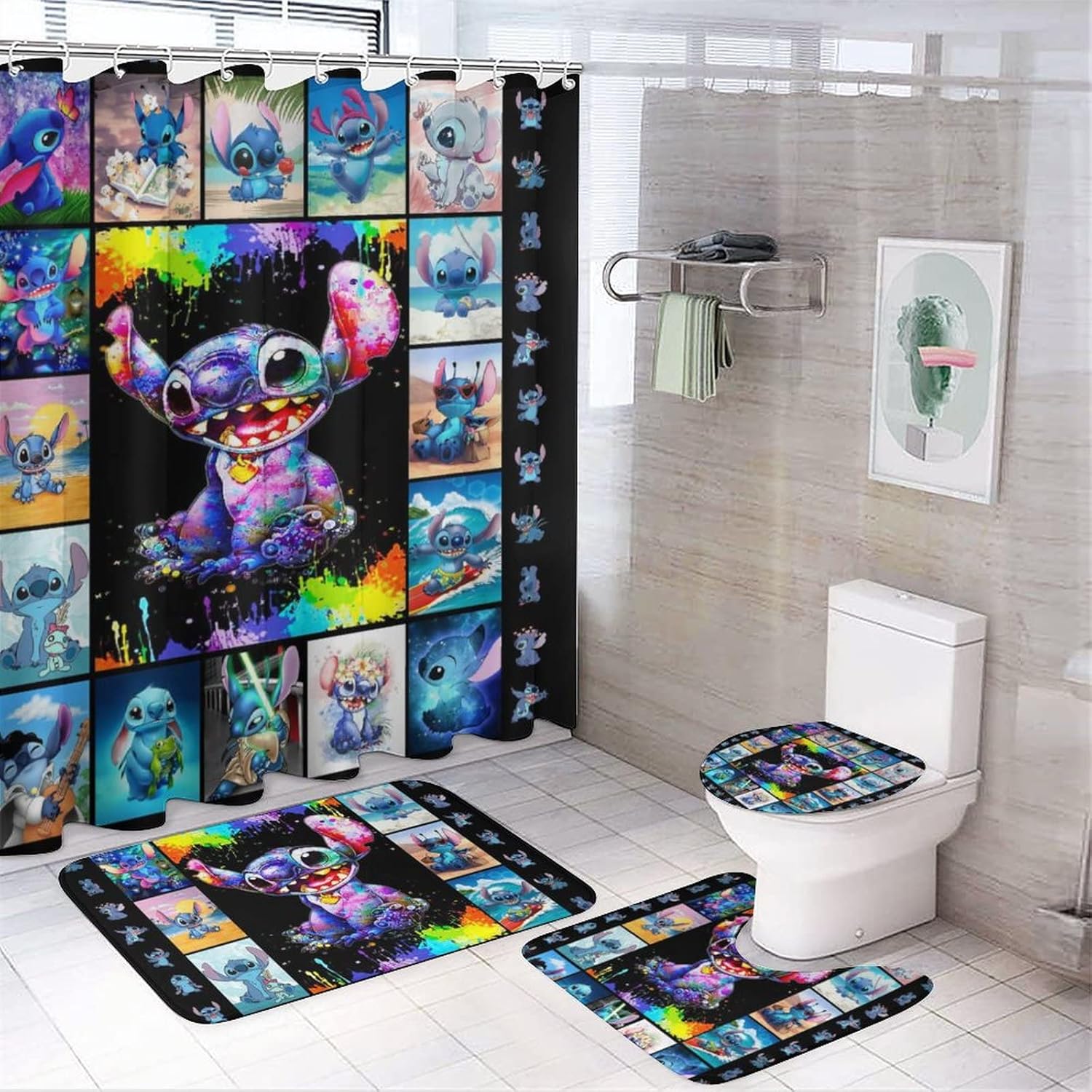Juego de cortina de ducha de anime de 4 piezas, juego de decoración de baño con cortina de ducha impermeable, alfombras de franela suave