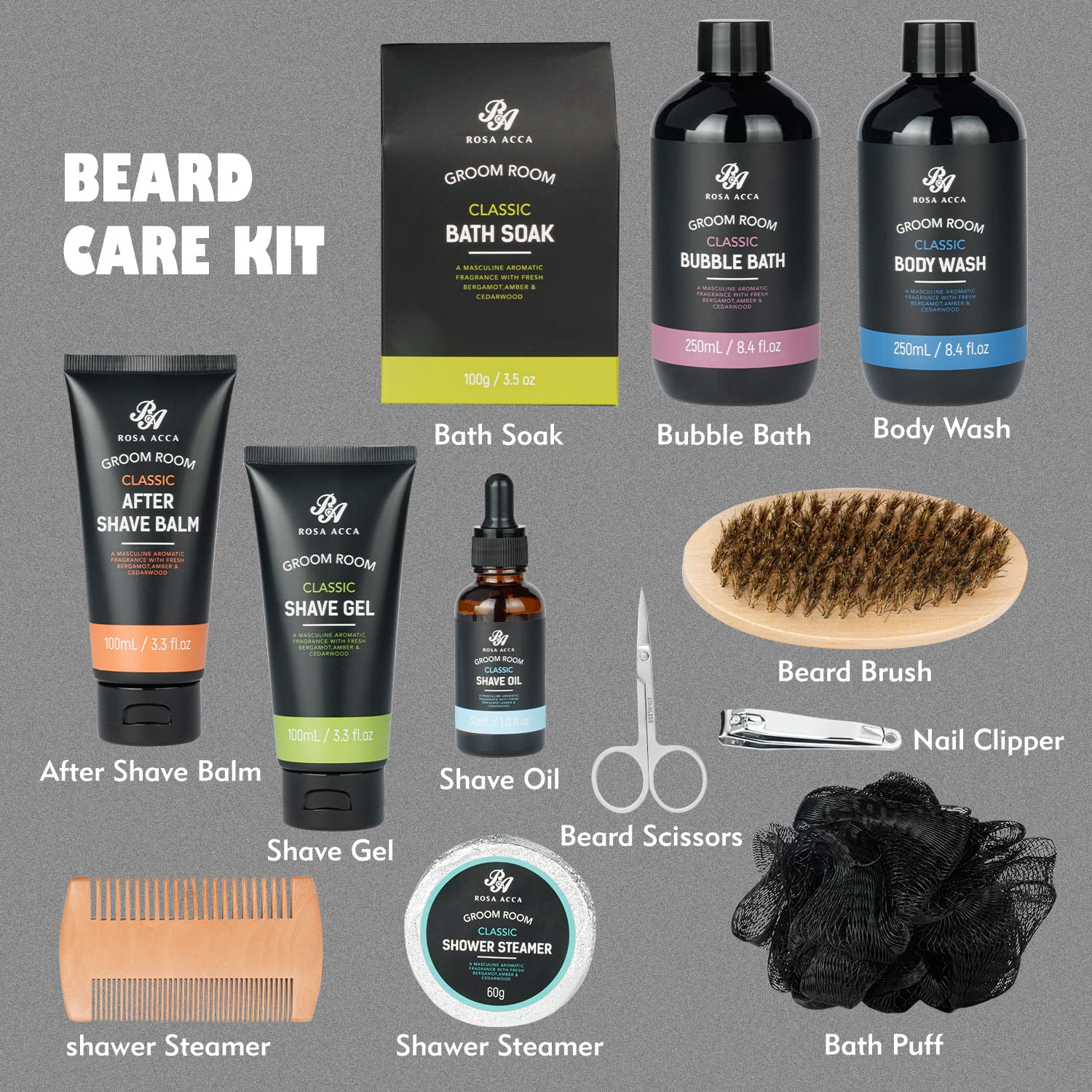Juego de regalo de baño de 14 piezas para peluquería de barba, kit de spa para baño y cuerpo con aceite para barba, bálsamo para barba, cepillo para