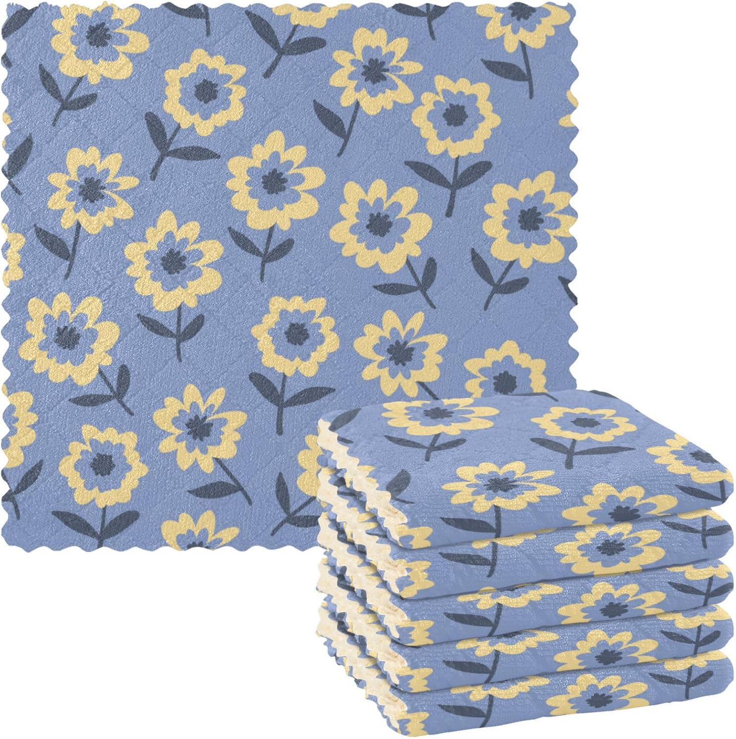 Retro Yellow Blue Flower Doodle Soft Decorative Microfiber Towel for Kitchen Quick Dry 6 Pack Dish Tea Towels for Countertop Oven