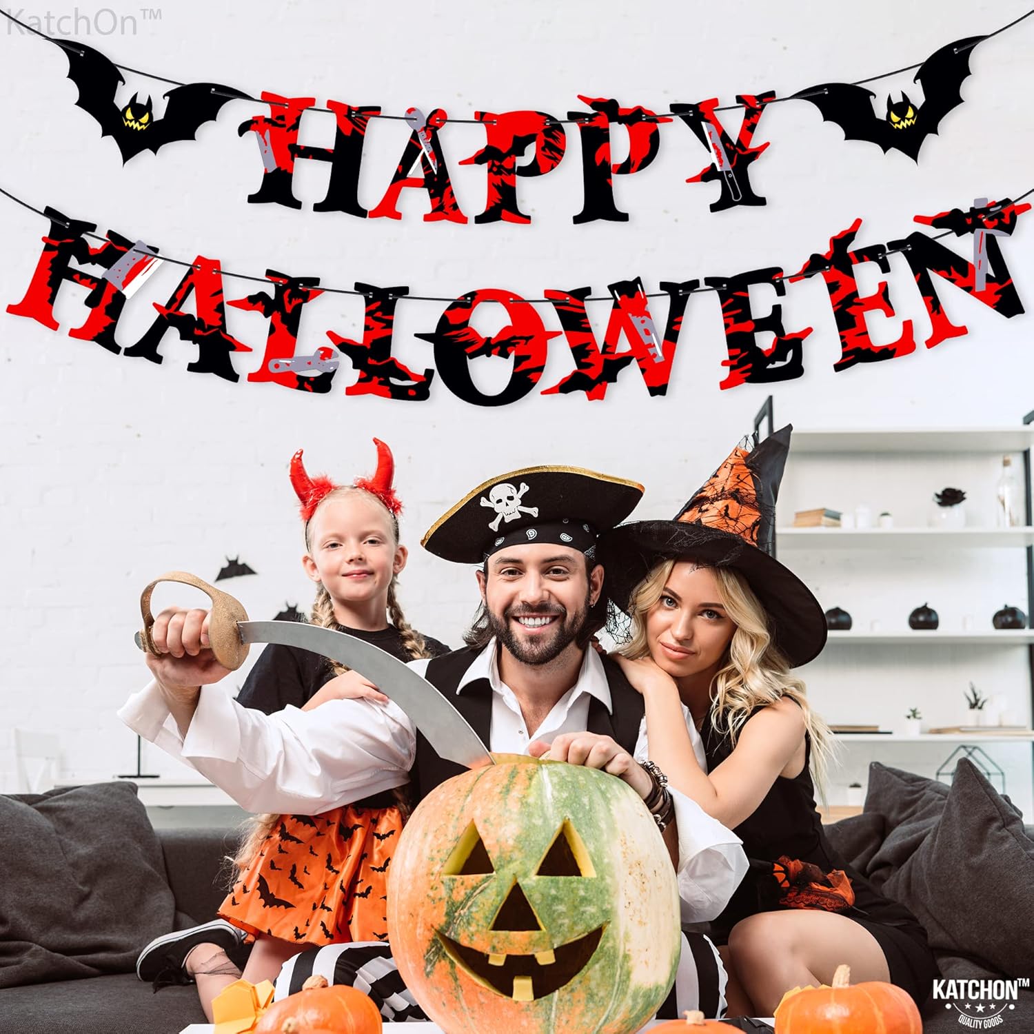 KatchOn, Cartel de Feliz Halloween con murciélagos  Grande de 10 pies, sin bricolaje  Guirnalda de Halloween aterradora para manto, decoraciones de