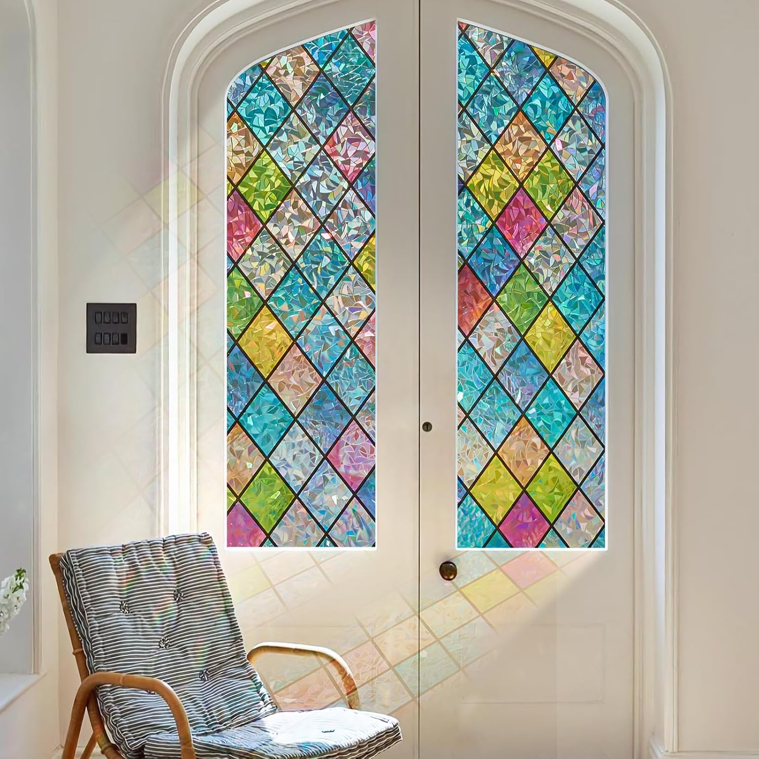 SUNBABY Película de vidrieras para ventana Película holográfica de privacidad para ventana de arco iris, película decorativa de privacidad con