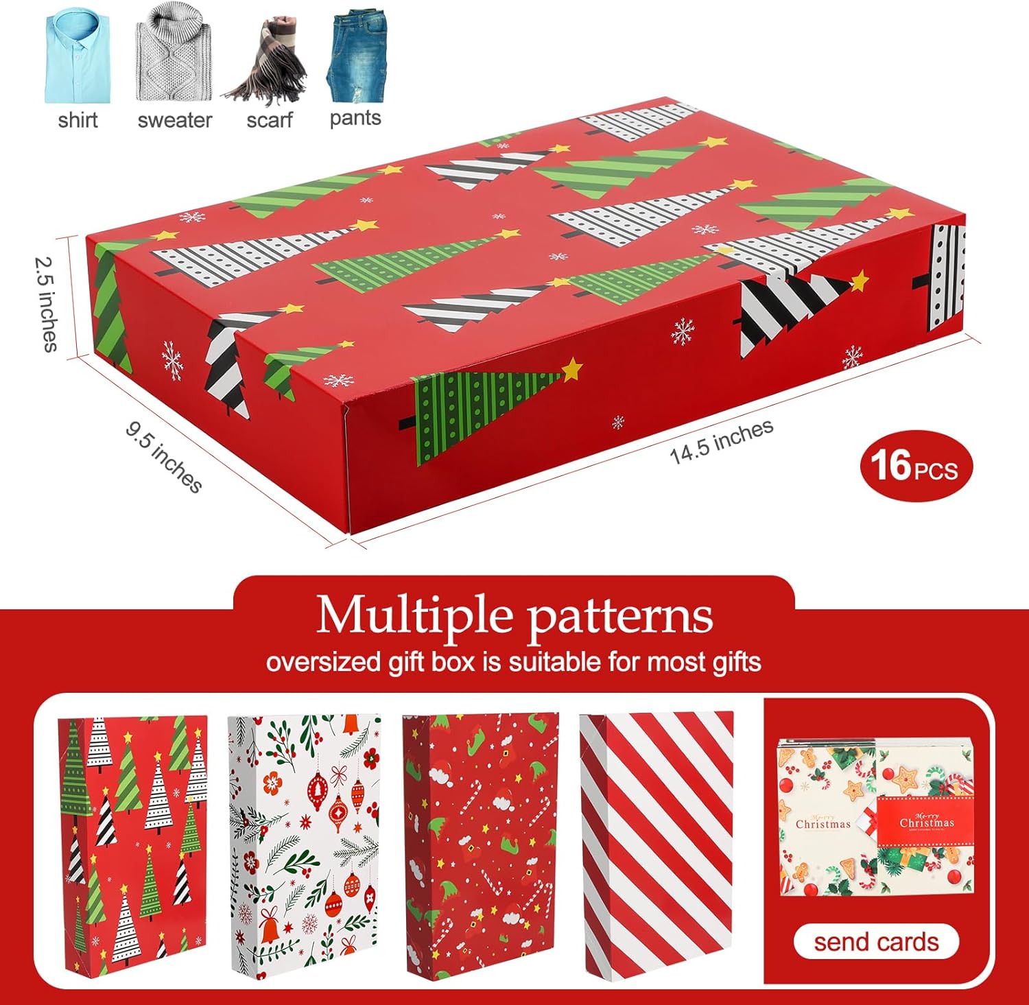 joyhalo 16 cajas de regalo de Navidad con tapas para regalos a granel de 14.5 x 9.5 x 2.5 pulgadas, cajas de regalo grandes para ropa, envolver
