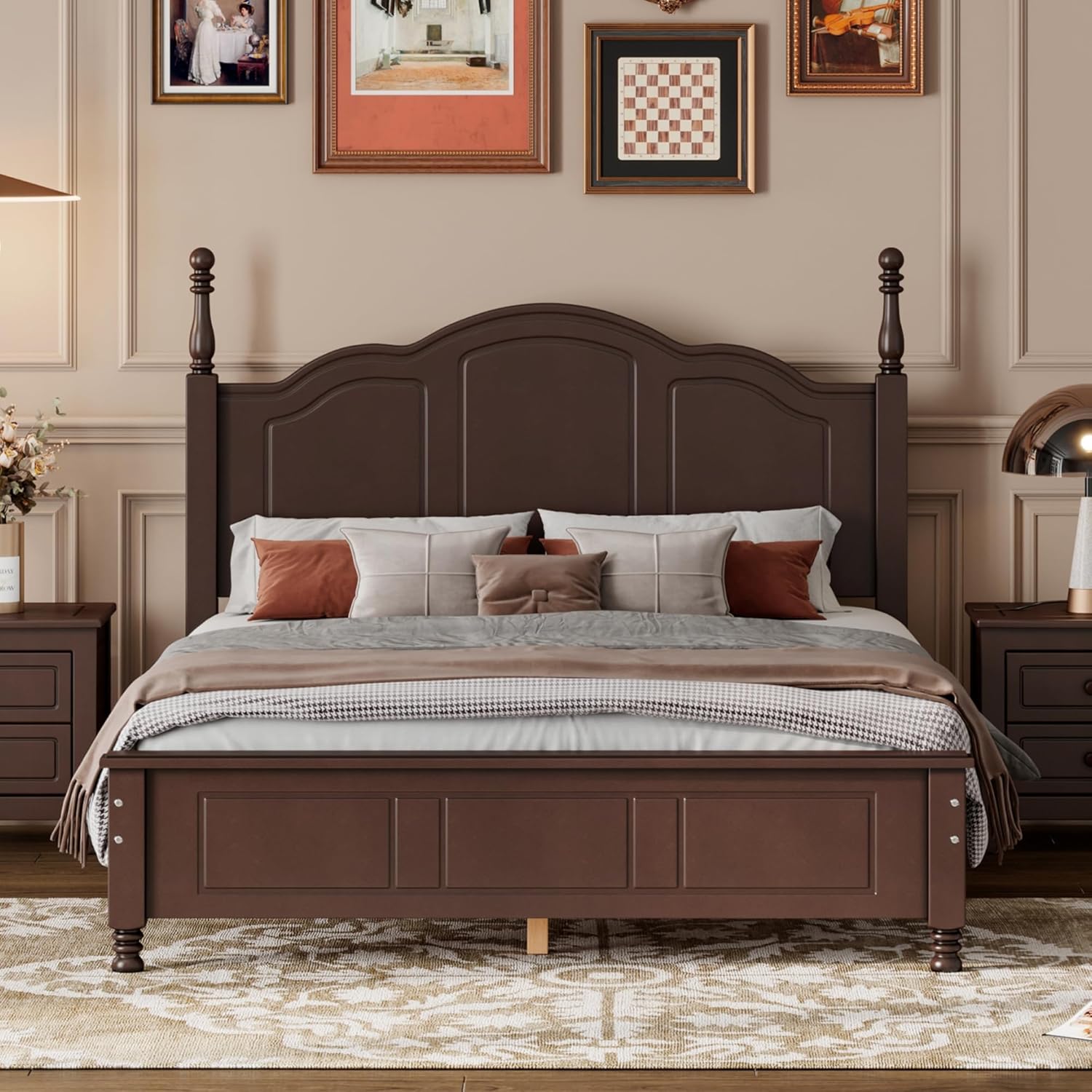 SOFTSEA Moderno marco de cama matrimonial con cabecero alto y estribo de madera