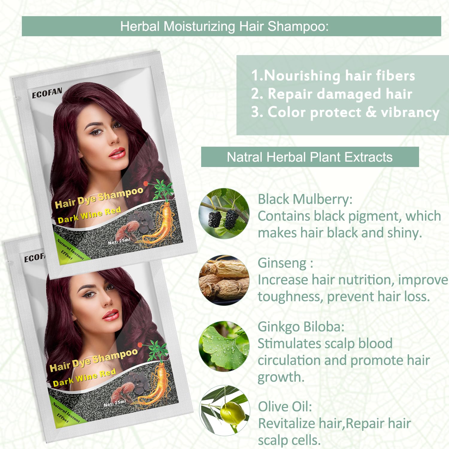 10 unidades de champú de tinte para el cabello de vino tinto oscuro 3 en 1, champú de color natural para el cabello, tinte instantáneo