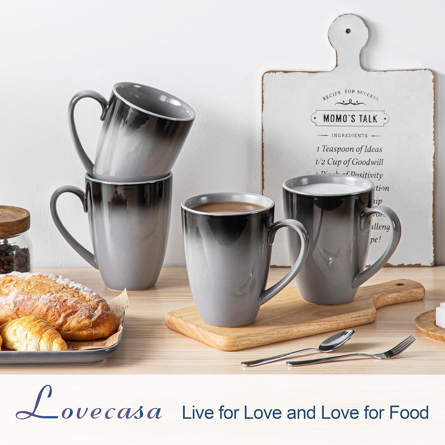 LOVECASA Juego de 4 tazas de café, tazas de porcelana de 20 onzas para café, té, cacao, capuchino, café con leche y leche, diseño de mango grande,