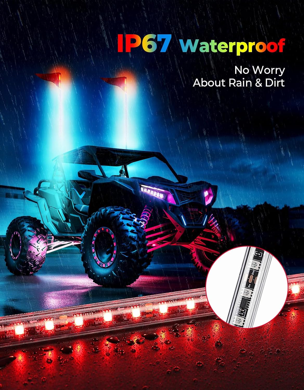 KEMIMOTO Paquete de 2 luces látigo de 5 pies con base de resorte, RGB 22 modos de 21 colores, control remoto de 21 colores, luces LED impermeables