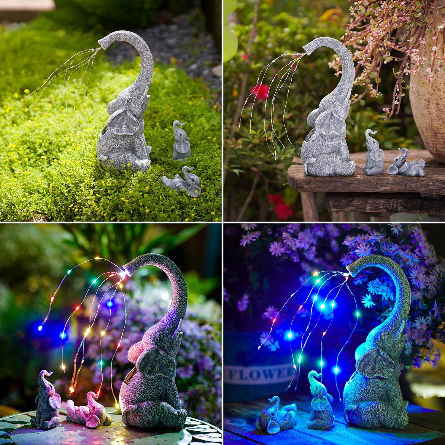 Estatua de elefante con luces de riego solares, decoración de jardín, figuras impermeables para exteriores, regalos de elefante de buena suerte,