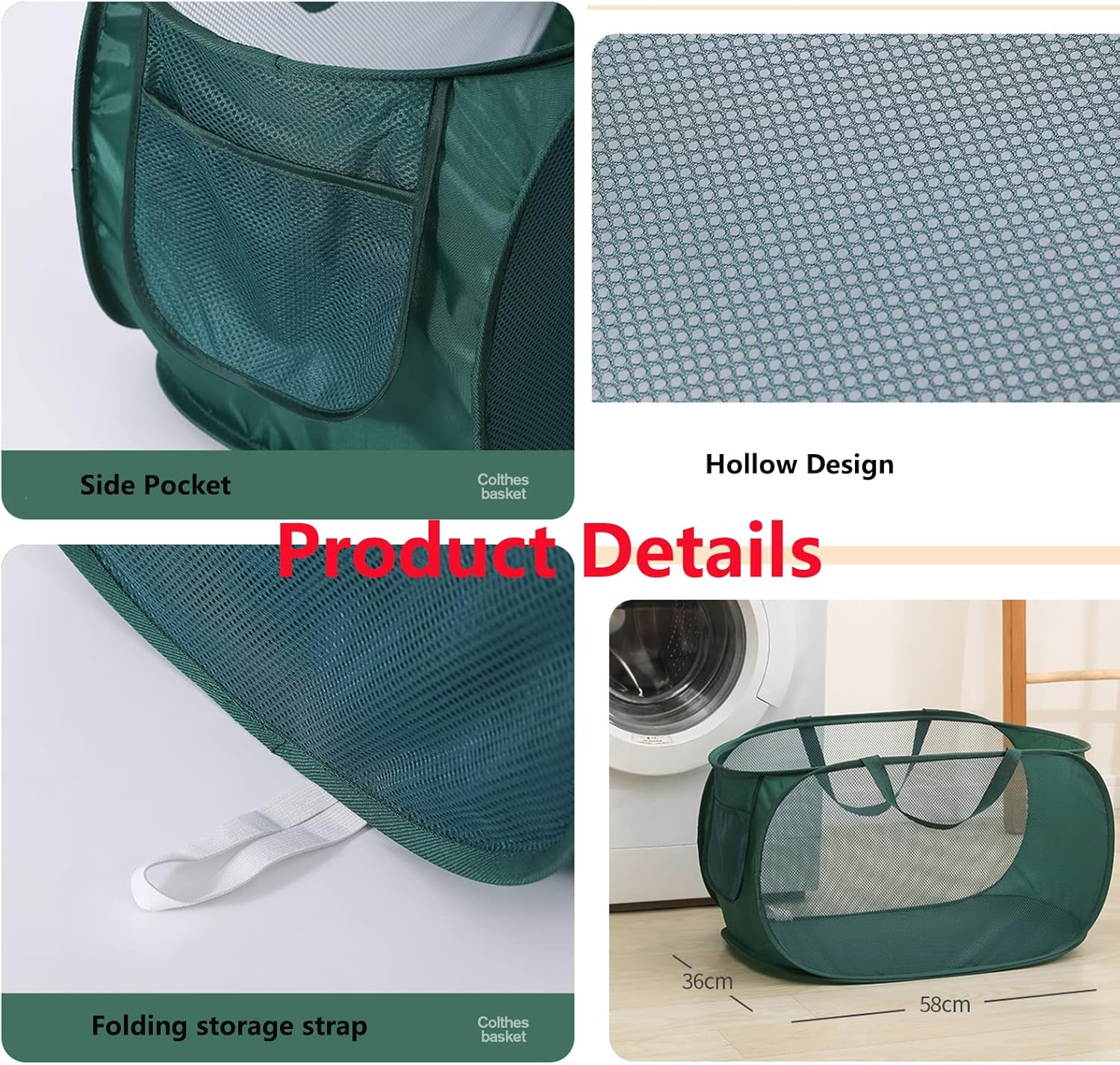 Práctica cesta desplegable de malla para lavandería, almacenamiento de ropa duradera, portátil, plegable, con bolsillo lateral para dormitorio, baño