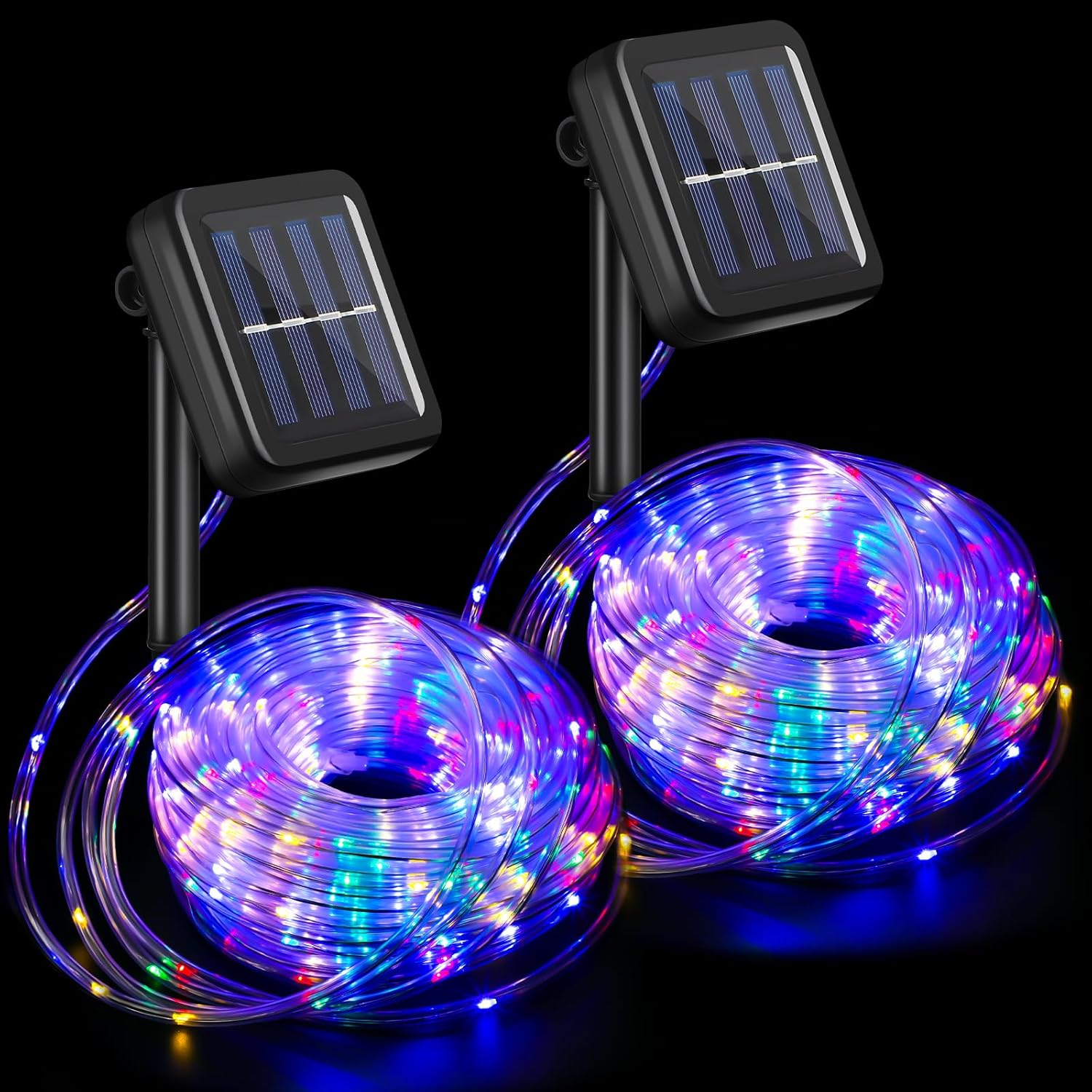 2 tiras de luces solares de 300 LED de 100 pies cada una para exteriores, impermeables, para campamento, 8 modos de iluminación, tubo de PVC