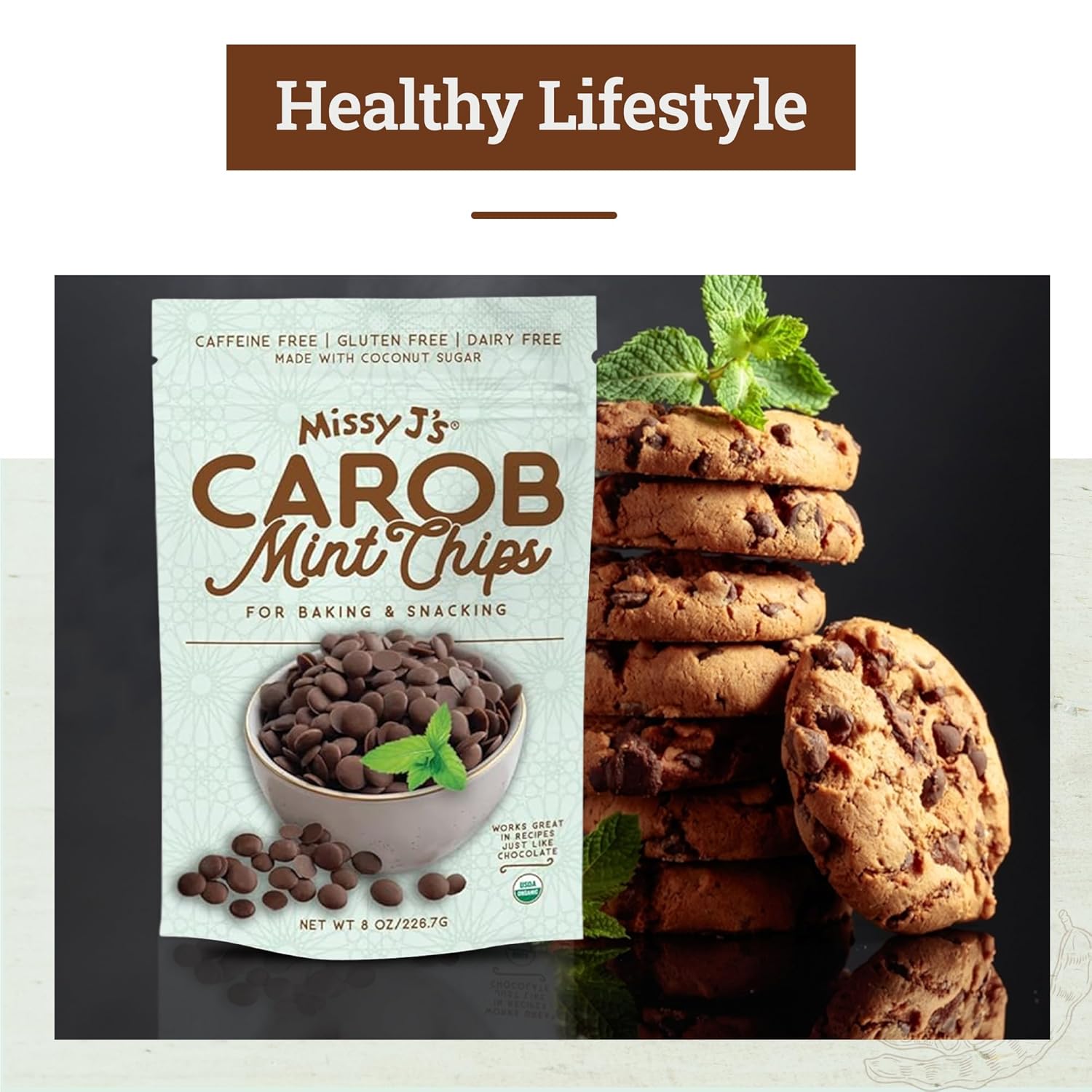 Missy J’s Chips de algarroba de menta orgánica de 8 onzas, hechas con azúcar de coco, vegano, sin gluten y cafeína, sustituto saludable del