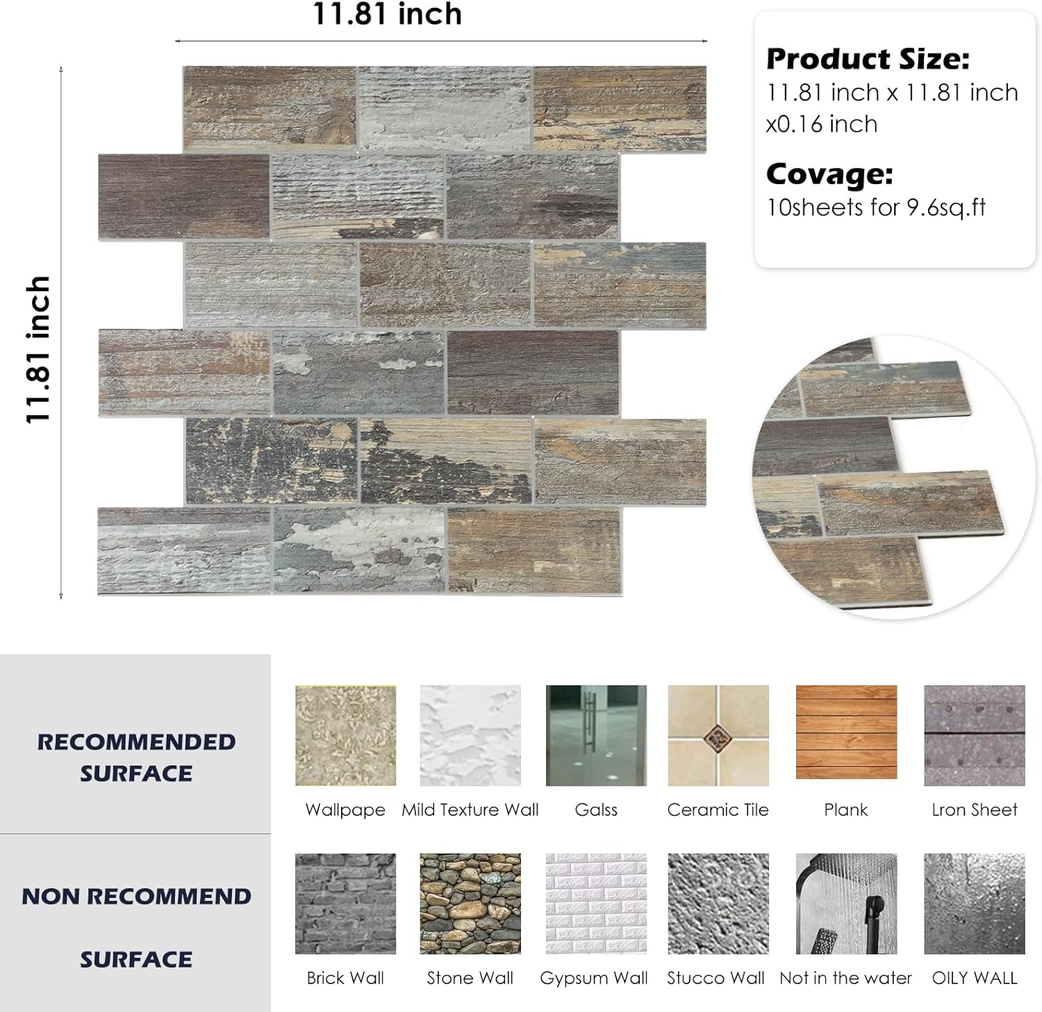 Yipscazo 10 hojas para despegar y pegar para azulejos de cocina, madera rústica para salpicaduras de baño, chimenea, lavandería, azulejos de pared
