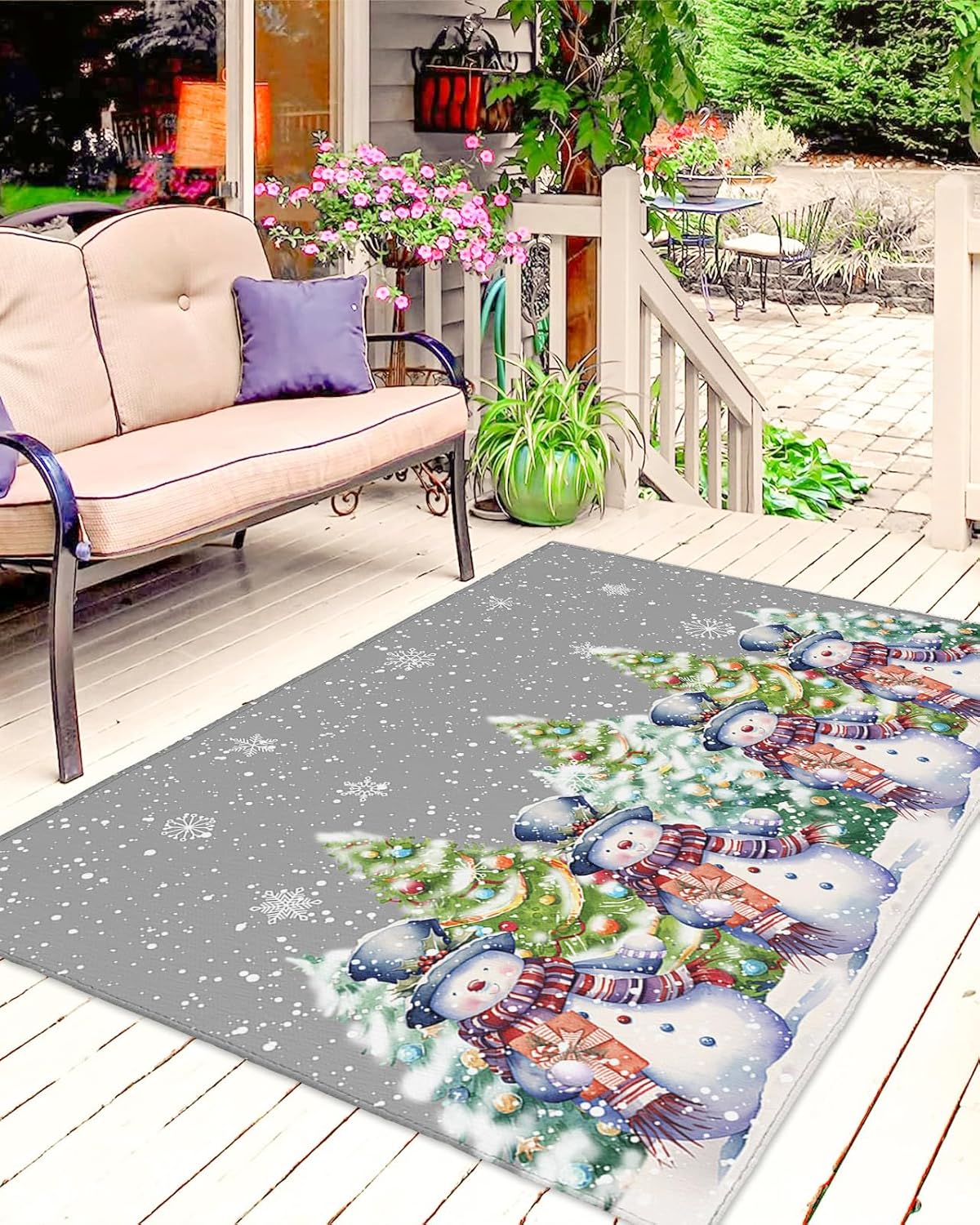 Outdoor Rug Carpet Waterproof 4×6 ft Area Rug, Merry Christmas Snowman Snowflake Large Floor Mat for Patio Balcony Living Room Backyard Picnic Beach