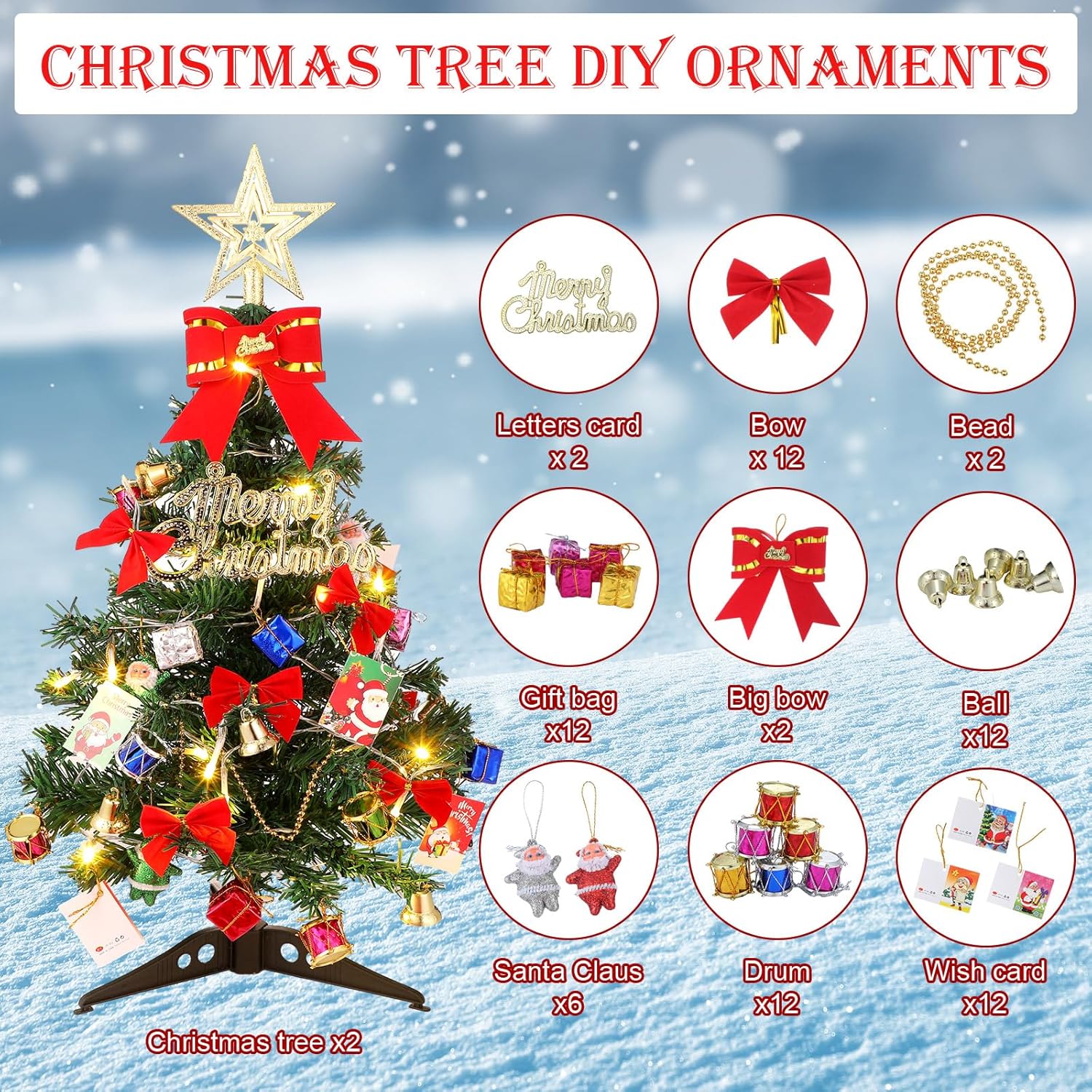 Hiboom 2 piezas de mini árbol de Navidad de 24 pulgadas con luces LED, estrella preiluminada de mesa, árbol de Navidad, cajas de regalo, adornos