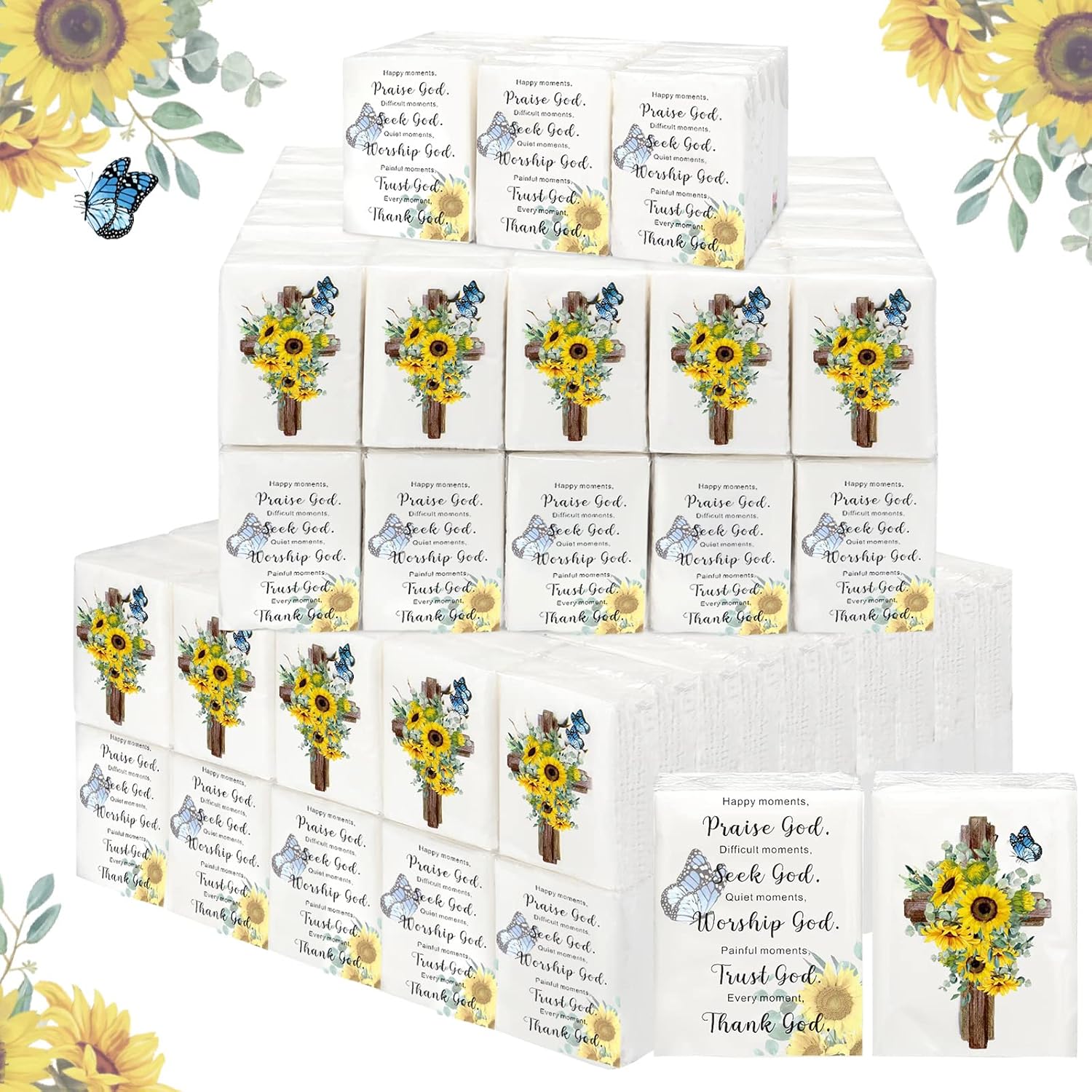 Outus Paquete de 100 pañuelos de bolsillo cristianos a granel, paquetes de pañuelos individuales mini faciales de 3 capas para funeral, boda,