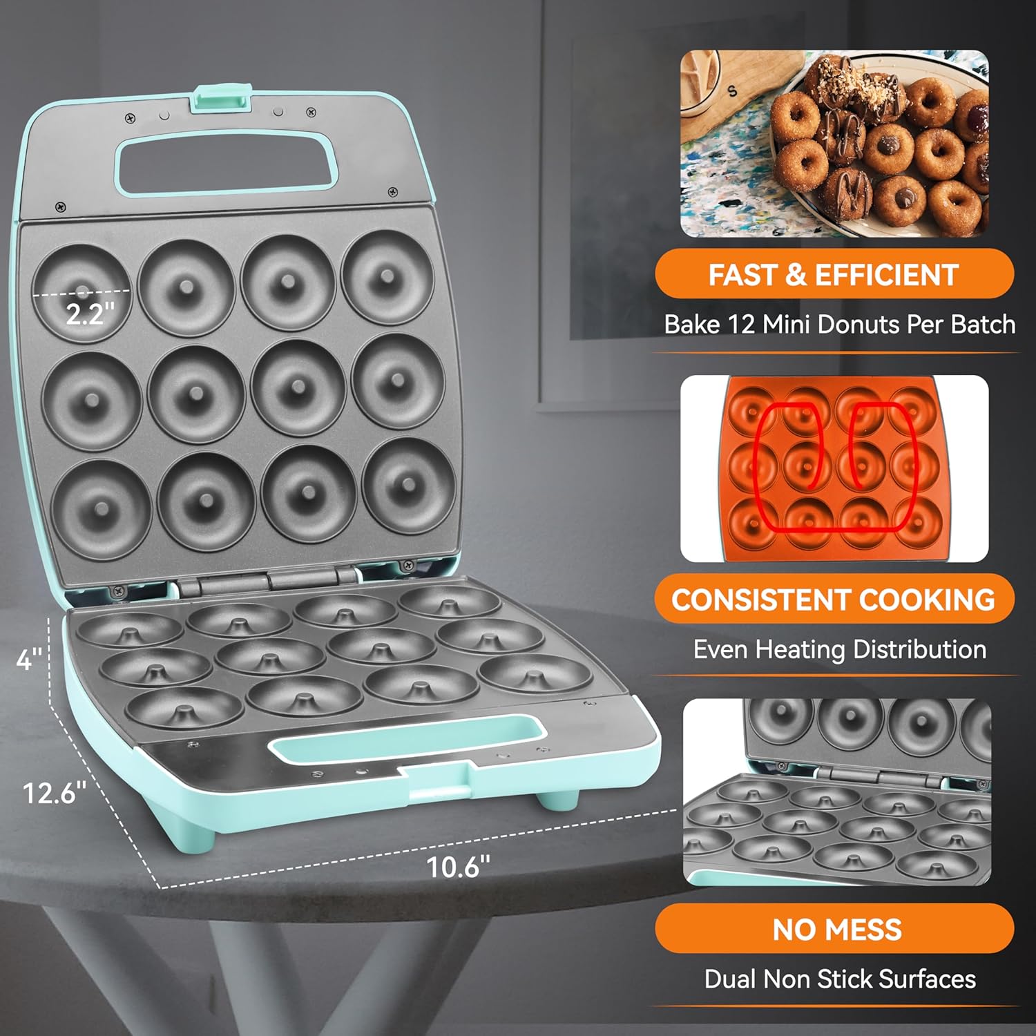 Baker’s Friend Mini máquina para hacer donas, hornear 12 mini donas, maquina para hacer donas, perfecta para desayuno, aperitivos, postres y más