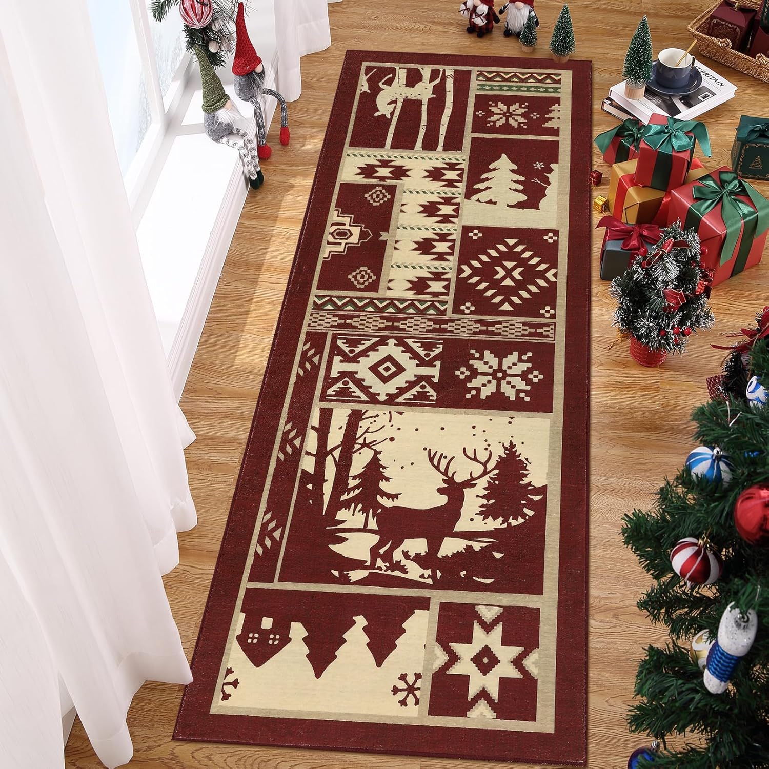 Alfombra de pasillo de cocina rústica, alfombra decorativa de Navidad, alfombra larga para pasillo interior, alfombra antideslizante lavable para