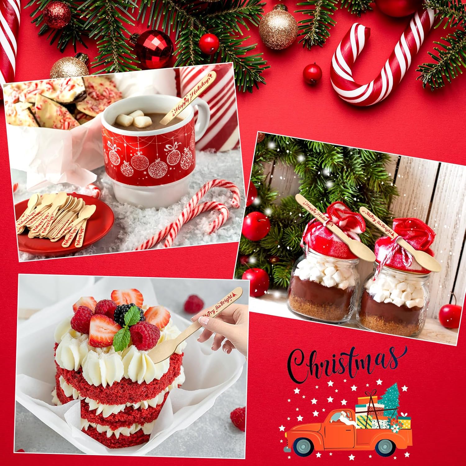 300 cucharas de madera de Navidad para chocolate caliente, cucharas desechables de cacao caliente, diseño de bastón de caramelo, cucharas de