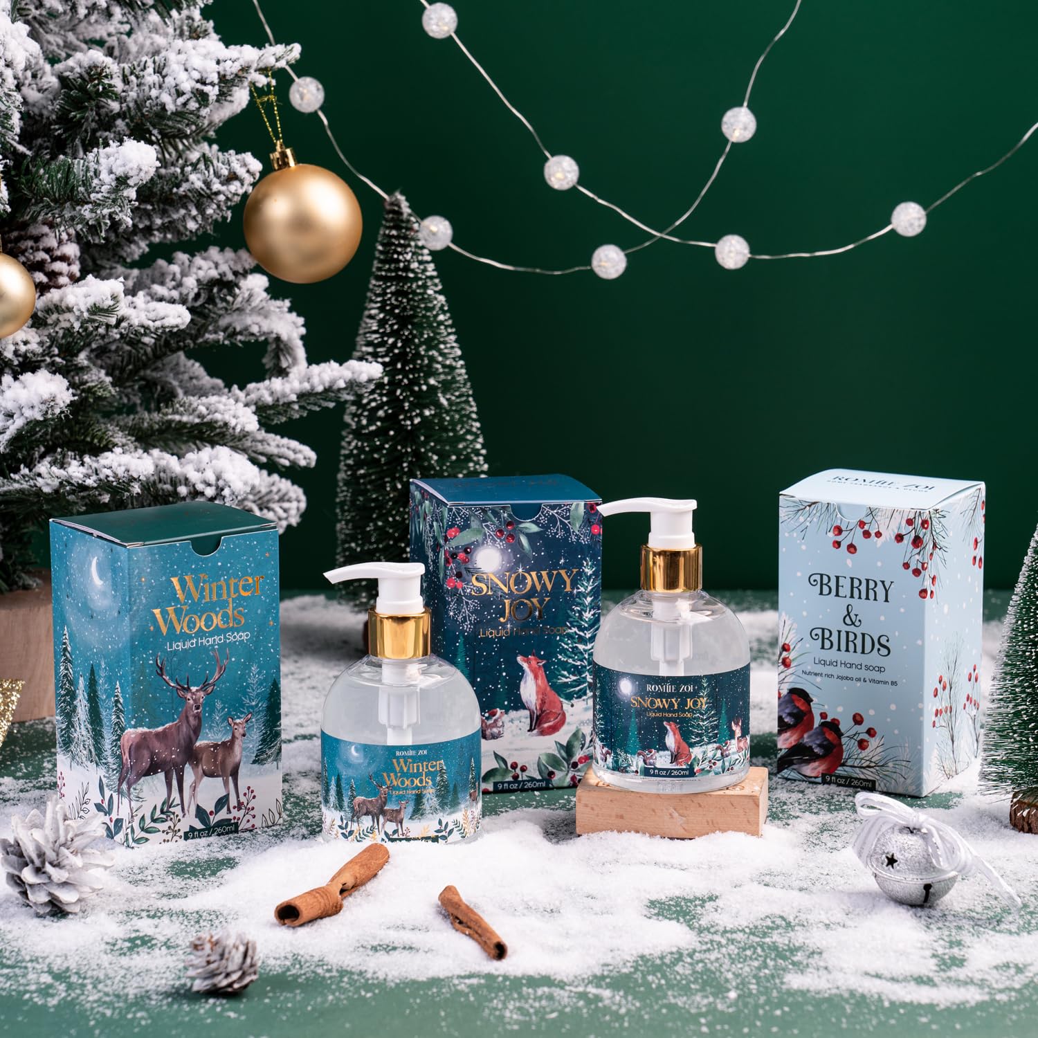 ROMIIE ZOI Jabón líquido de manos navideño con caja de regalo, bayas y pájaros, infundido con aroma a nieve que cae – 8.8 fl oz 9 onzas líquidas