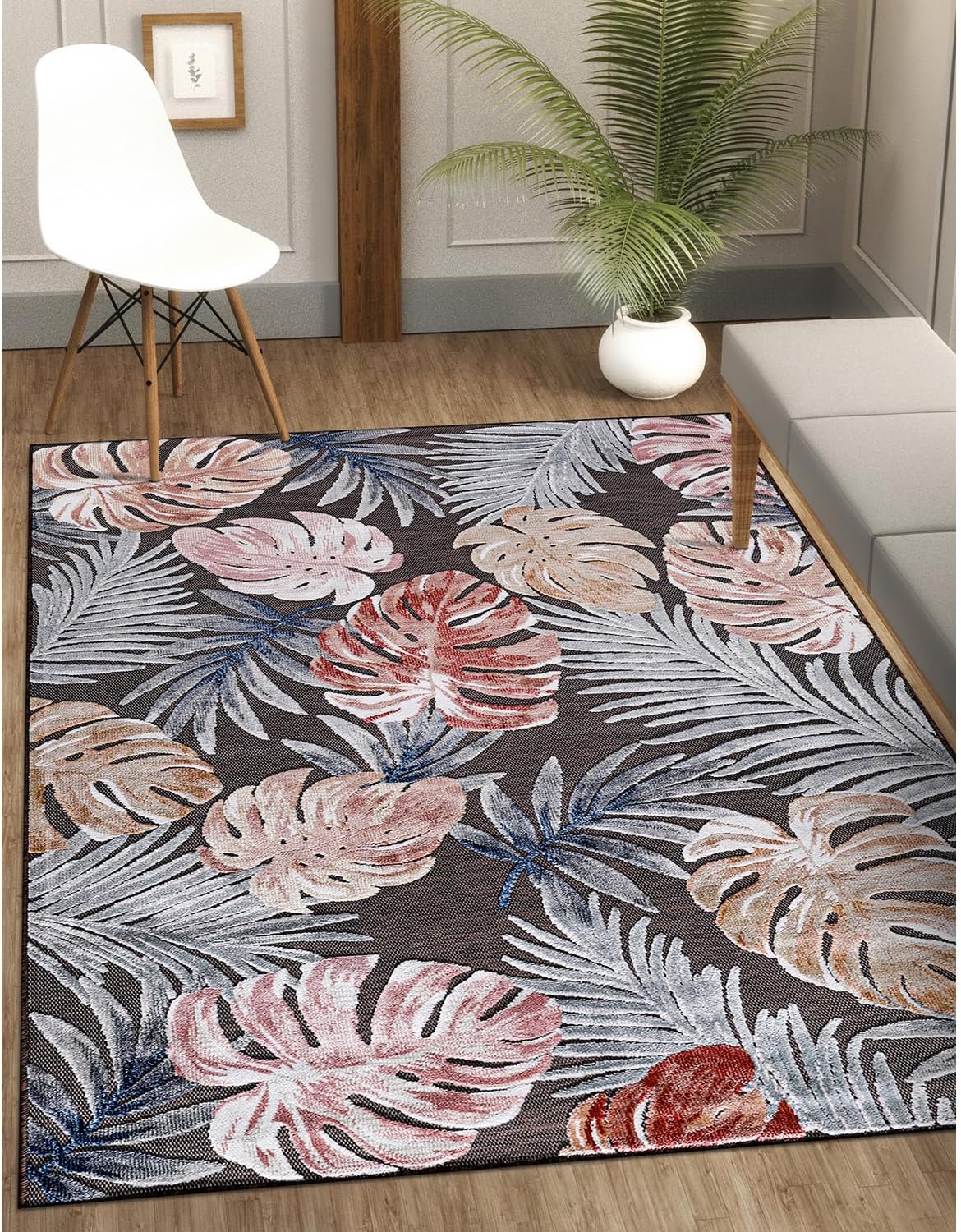 CAMILSON Alfombra para interiores y exteriores, alfombra de 6 x 9 pies, diseño botánico tropical de hojas marrones, fácil limpieza, no desprende