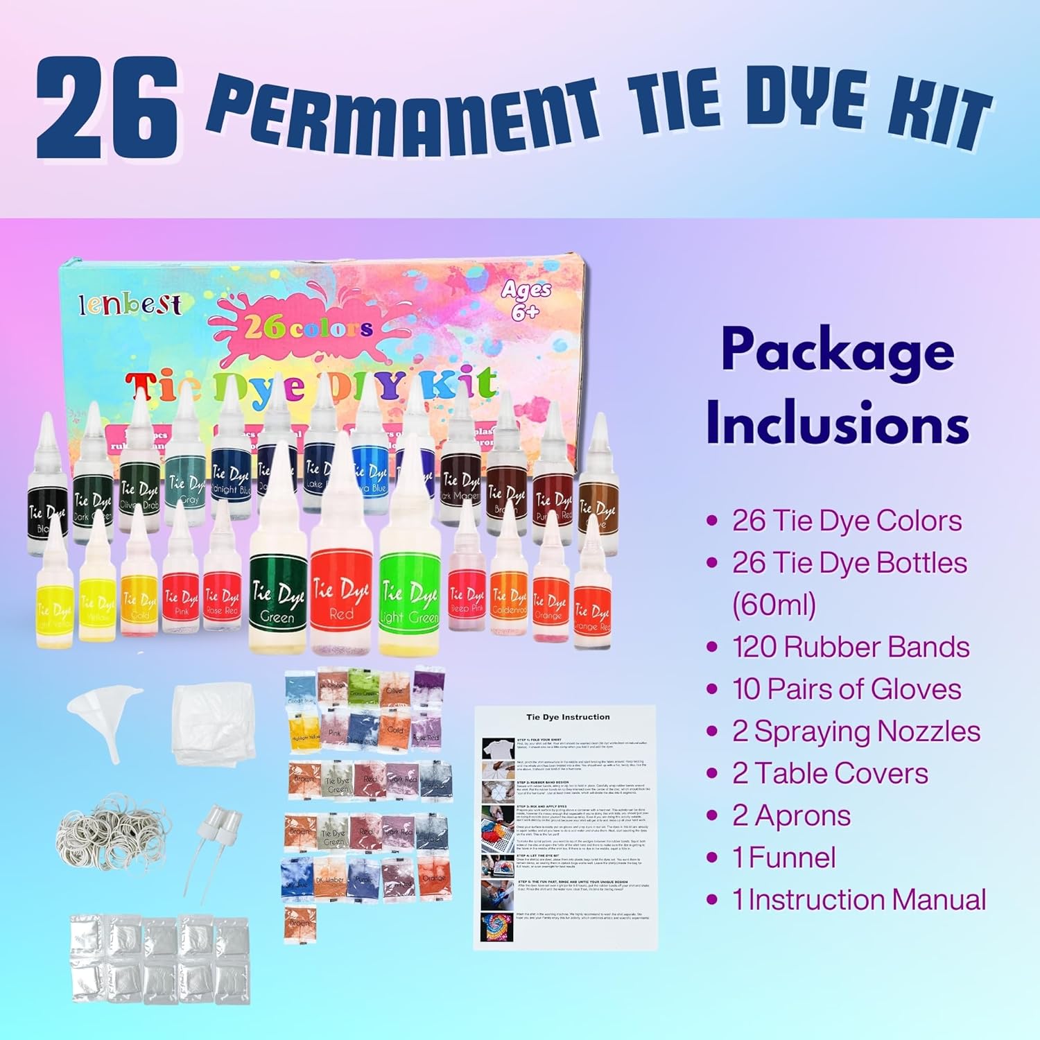 Kit de teñido anudado para niños y adultos, juego de teñido anudado con 26 polvos de teñido anudado, botellas de teñido anudado de 1.2 fl oz, bandas