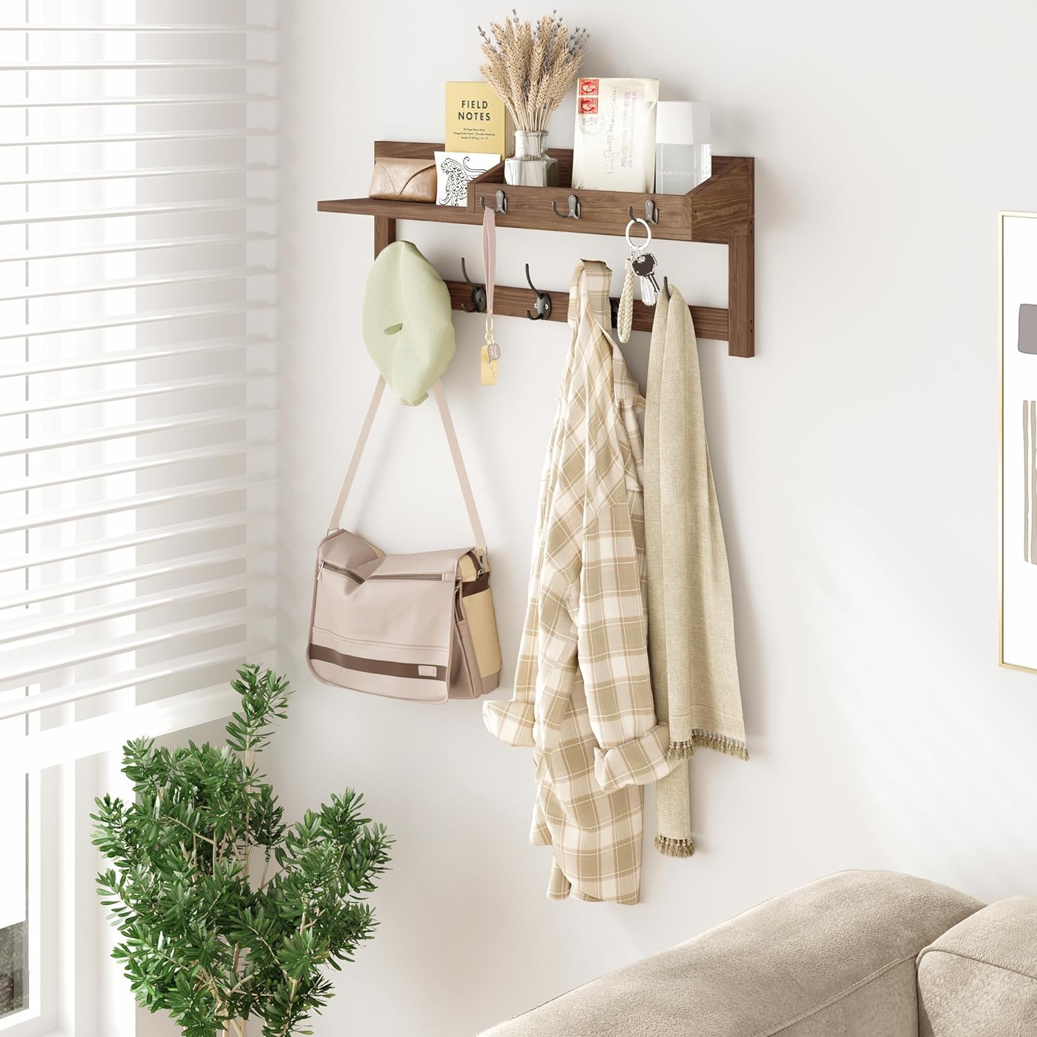 AMBIRD Ganchos de pared con estante de 26.57 pulgadas para colgar en la pared, ganchos de madera para colgar abrigos de pared con estante para