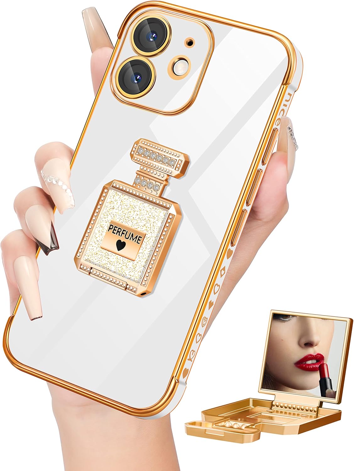 Buleens Funda para iPhone 11 con soporte de espejo de botella de perfume de metal, bonitas fundas de corazón femenino para iPhone 11, elegante funda