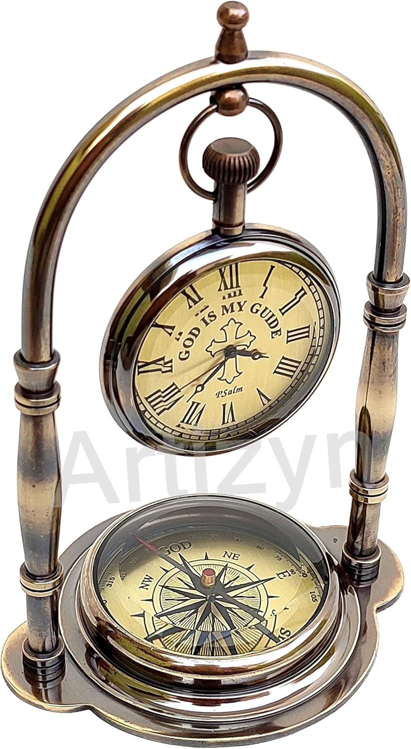 God is My Guide Salmo 328 Reloj de escritorio de barco de latón grabado náutico brújula de campamento regalo religioso para hombres, regalo