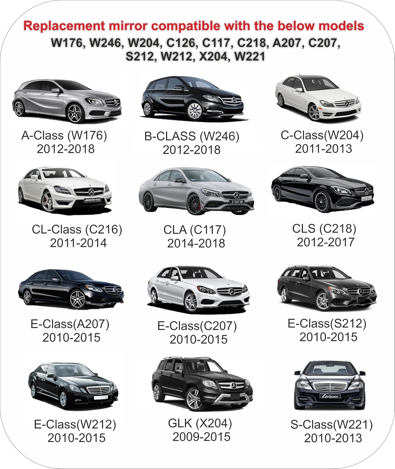 EAP Cristal de repuesto para espejo lateral del pasajero compatible con Mercedes A B C CL CLA CLS E S GLK, calentado, A2128102521, A2128100621