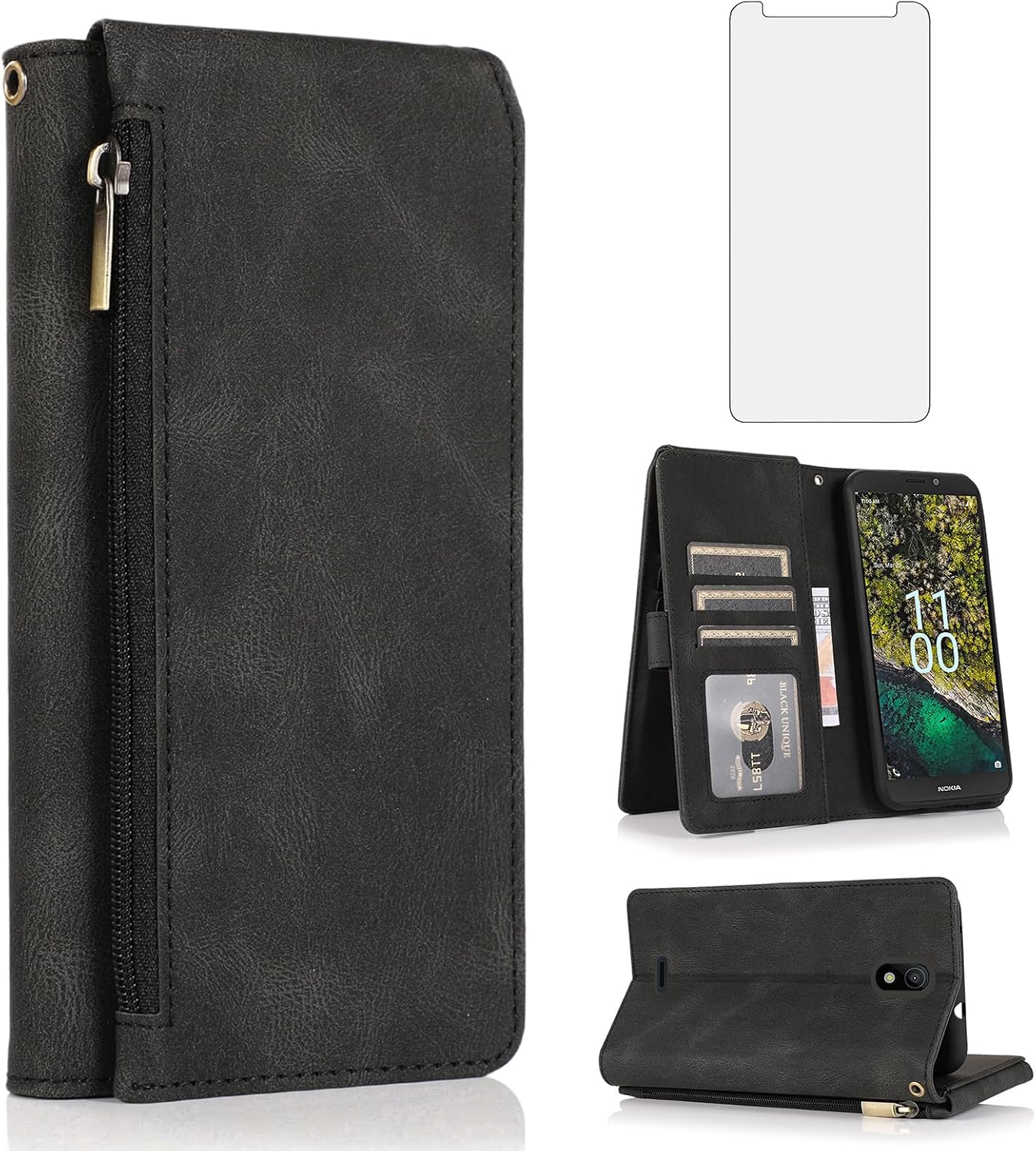 Asuwish Compatible con Nokia C100 4G LTE N152DL – Funda tipo cartera de vidrio templado con protector de pantalla y cremallera de cuero retro,