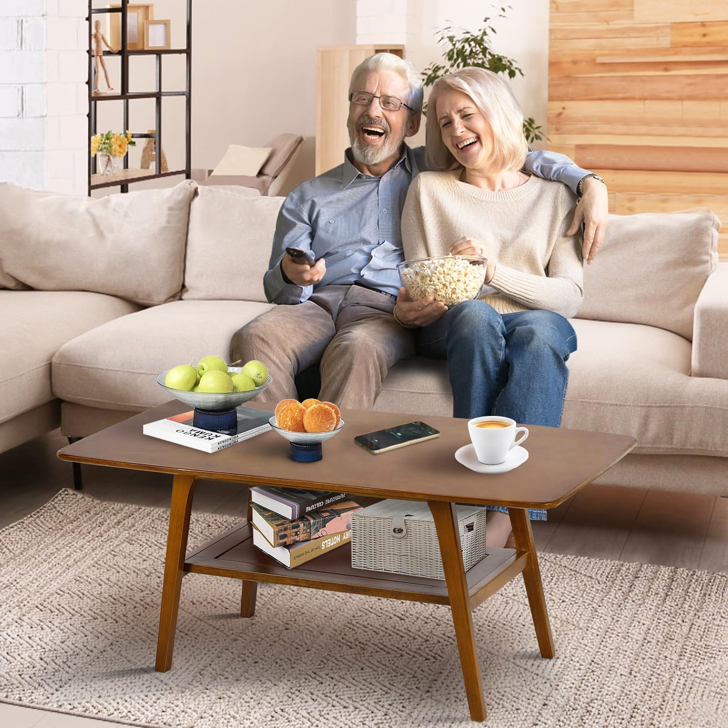 Mesa auxiliar, mesa de centro de madera de alta gama con estante de almacenamiento y mesa abierta, mesa auxiliar rectangular de 2 niveles para sala