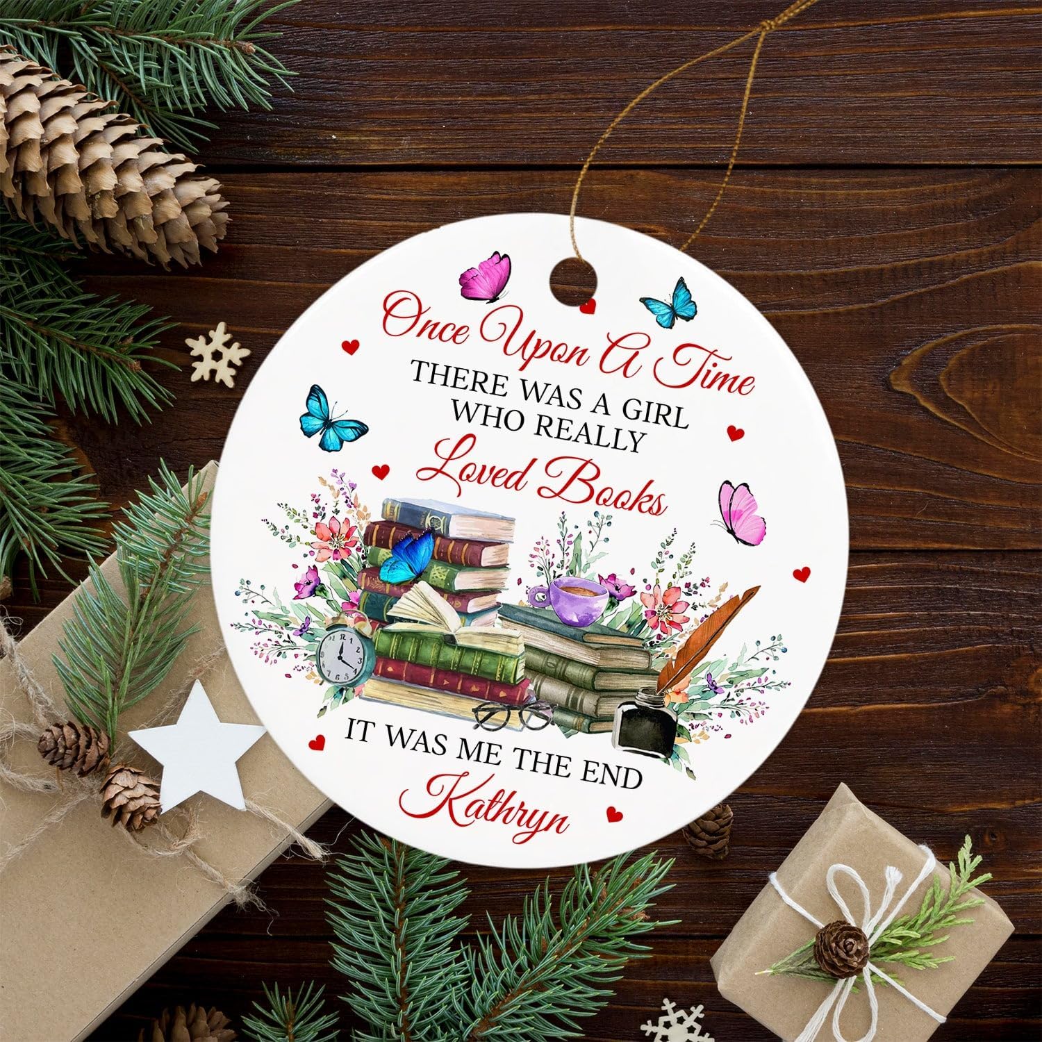Adorno de libro floral para regalos de Navidad para niñasmujeres, con texto en inglés “There was a girl who really Loved Books”, adorno de recuerdo