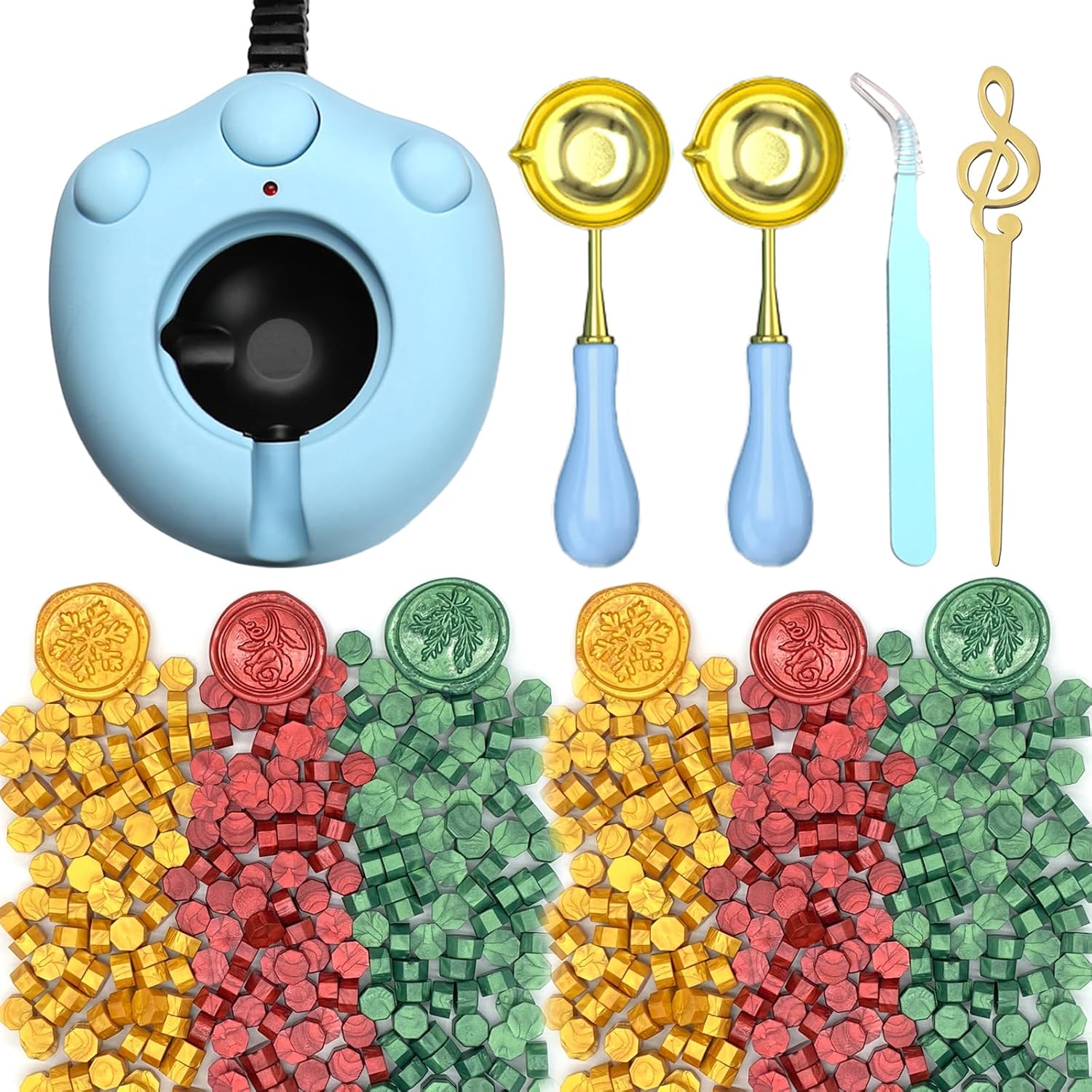 Andotopee – Kit de calentador de cera eléctrico con 300 cuentas de sello de cera doradas, rojas y verdes, derretidor de sello de cera para fusión