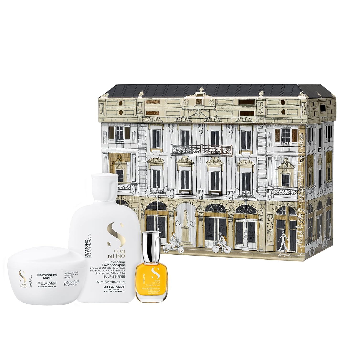 Alfaparf Milano Semi di Lino Diamond Illuminating Gift Set para cabello teñido  Champú sin sulfatos, máscara y suero de aceite para el cabello