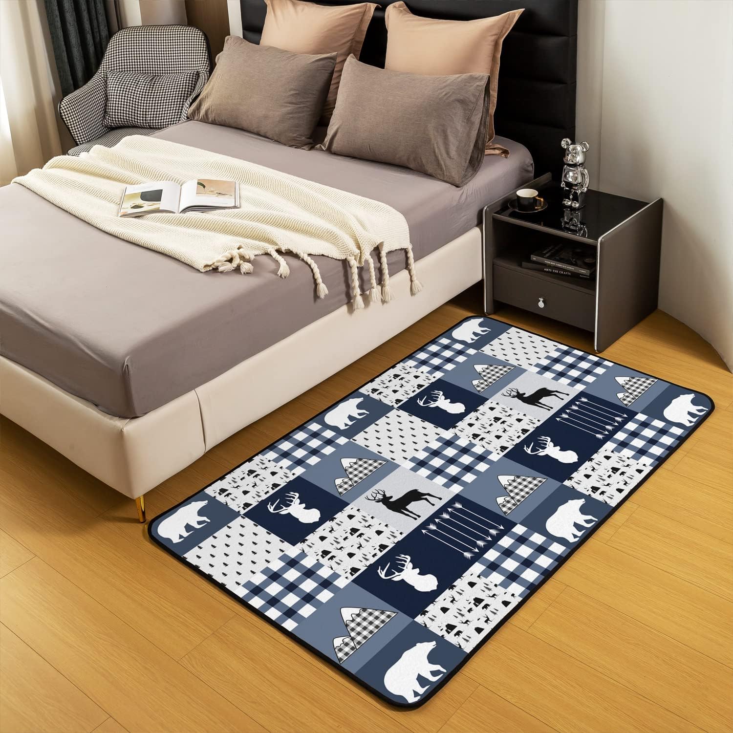 Alfombra decorativa de ciervo, alfombra bohemia de oso con alce de 5 x 7 pies, para niños, niñas, mujeres y hombres, alfombra a cuadros para sala de