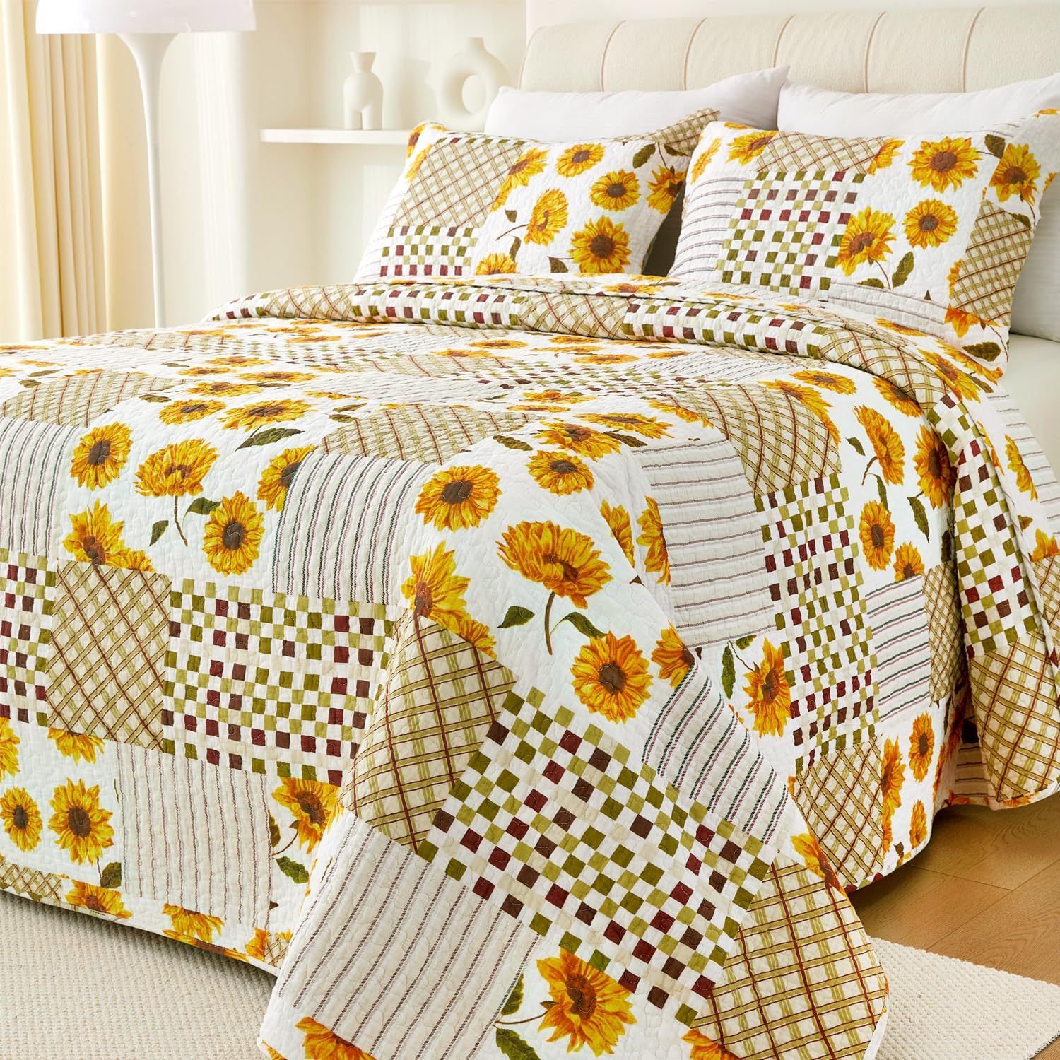 EVENHUG Juego de edredón de 100 % algodón, tamaño King, diseño de girasol naranja, ligero, floral, reversible, con 2 fundas de almohada, para todas