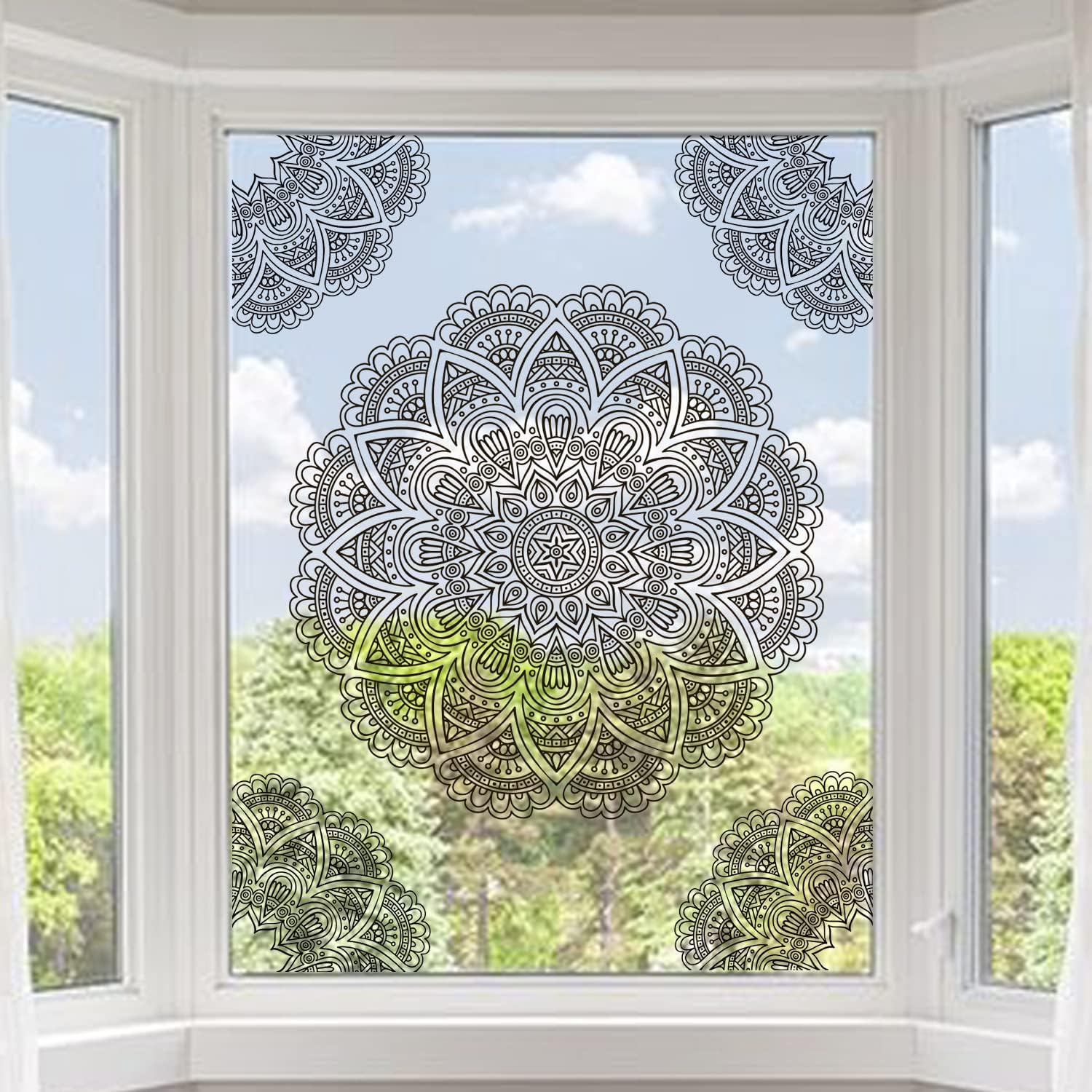 Lámina estática de mandala de doble cara para ventana, transparente, extraíble, de estilo étnico, oriental, floral, para decoración de puerta de