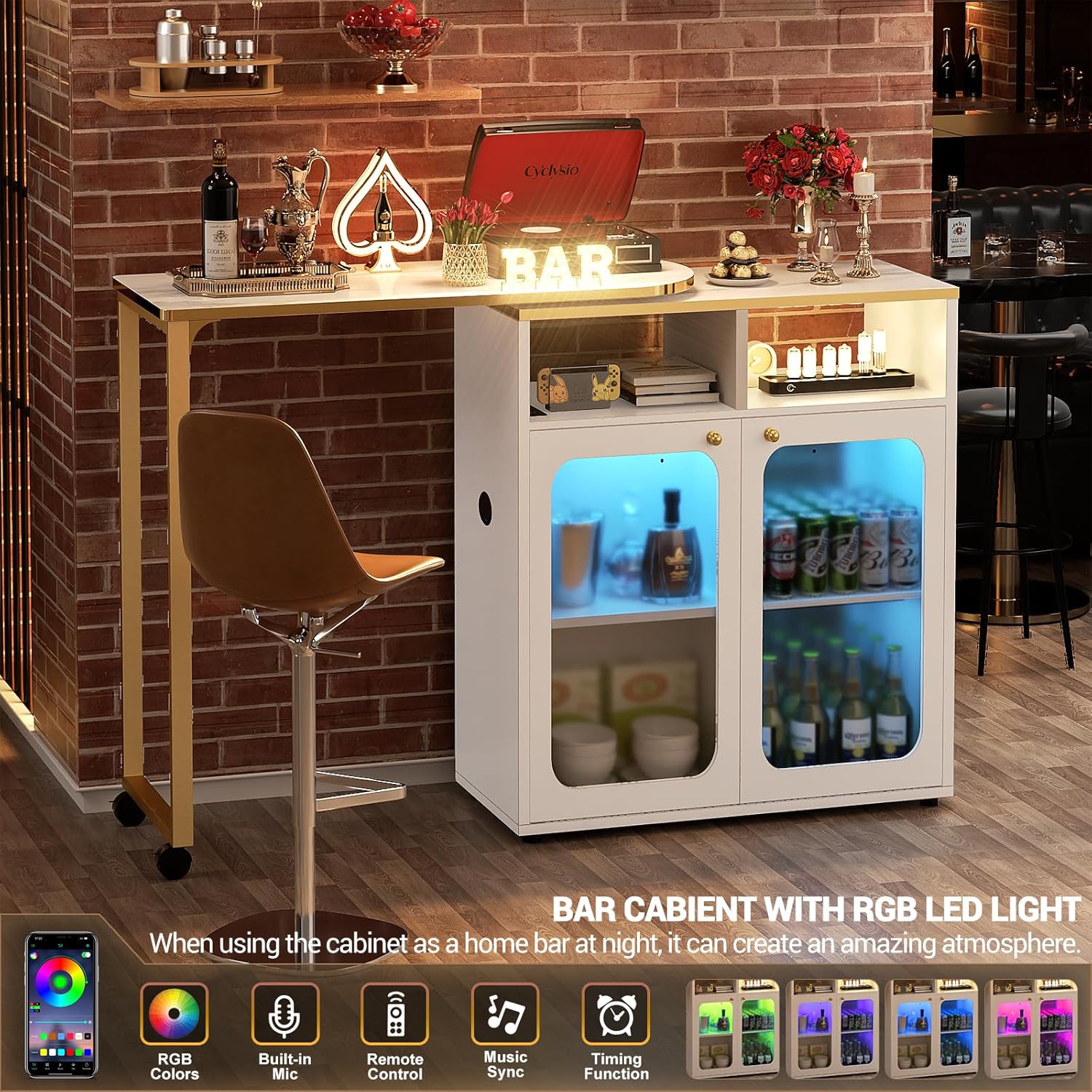 Cyclysio Armario giratorio de 360, barra casera de 59 pulgadas con luz LED y estación de carga, gabinete de vino plegable de doble cara con
