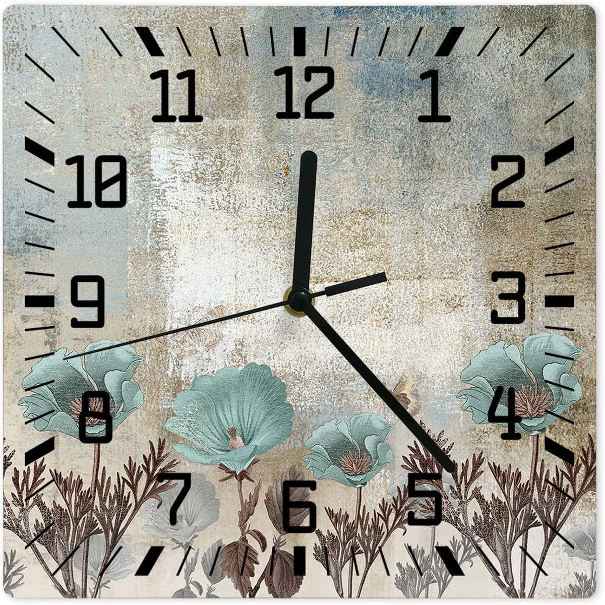 Reloj de pared cuadrado silencioso sin tictac, arte abstracto, textura vintage, flores verde azulado, relojes de pared que funcionan con pilas,