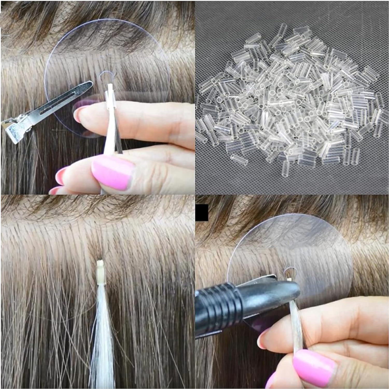 1000 extensiones de cabello, tubos termorretráctiles de 0.394 in de largo, anillos de extensiones de cabello (1000 unidades, transparentes)
