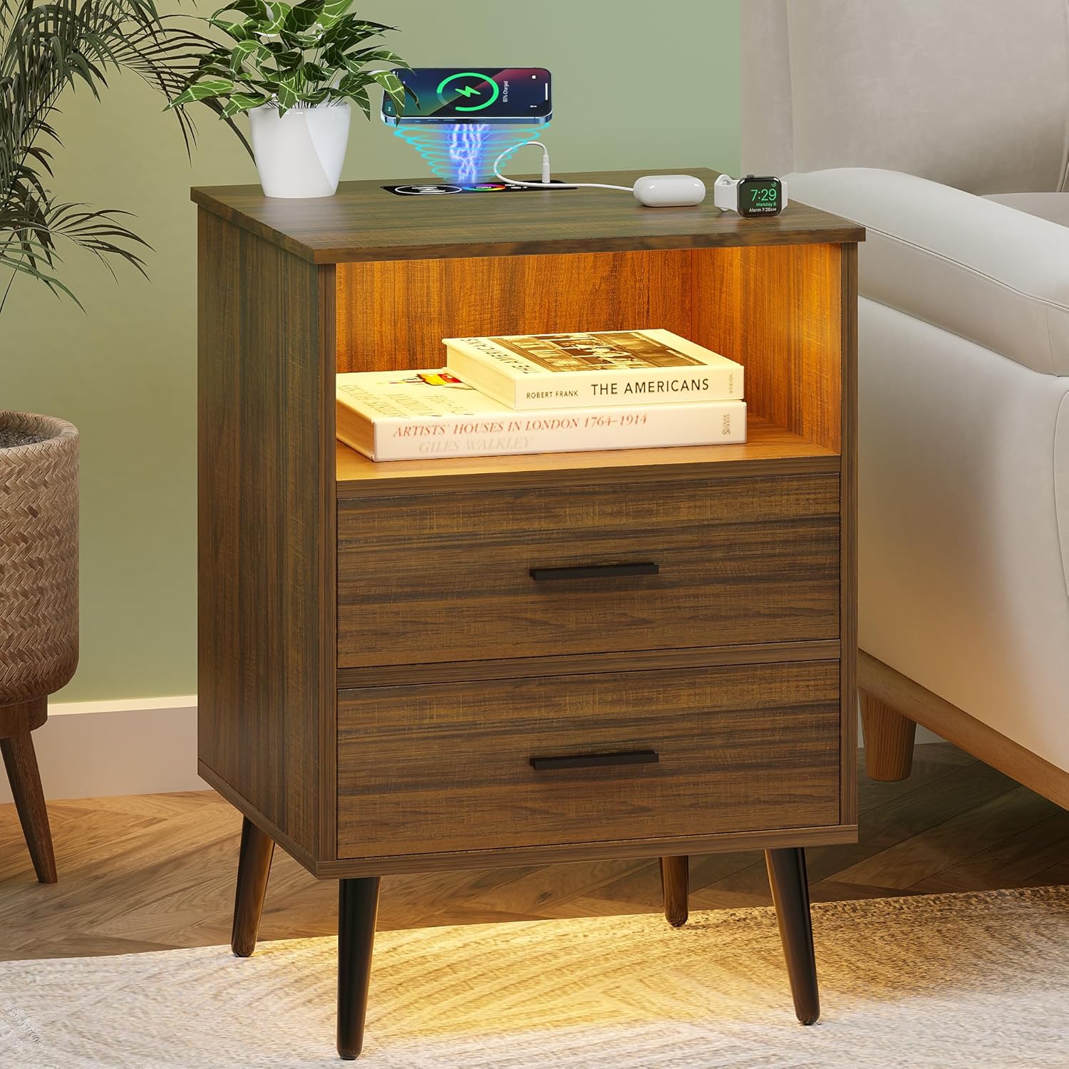 FREDEES Mesita de noche con estación de carga (inalámbricaUSBtipo C) y luces LED, mesa auxiliar inteligente, mesita de noche de madera con cajones,