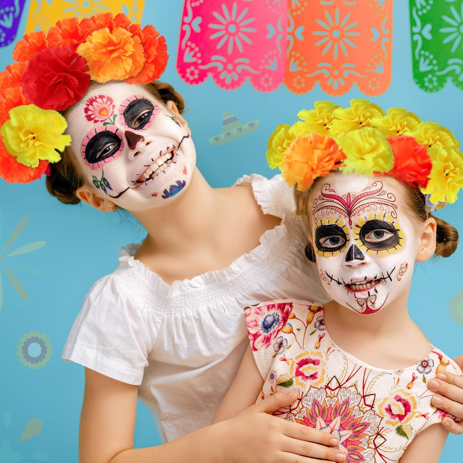 60 flores artificiales de caléndula sintética con tallos de Halloween, flores mexicanas falsas para fiesta del Día de los Muertos, flores para