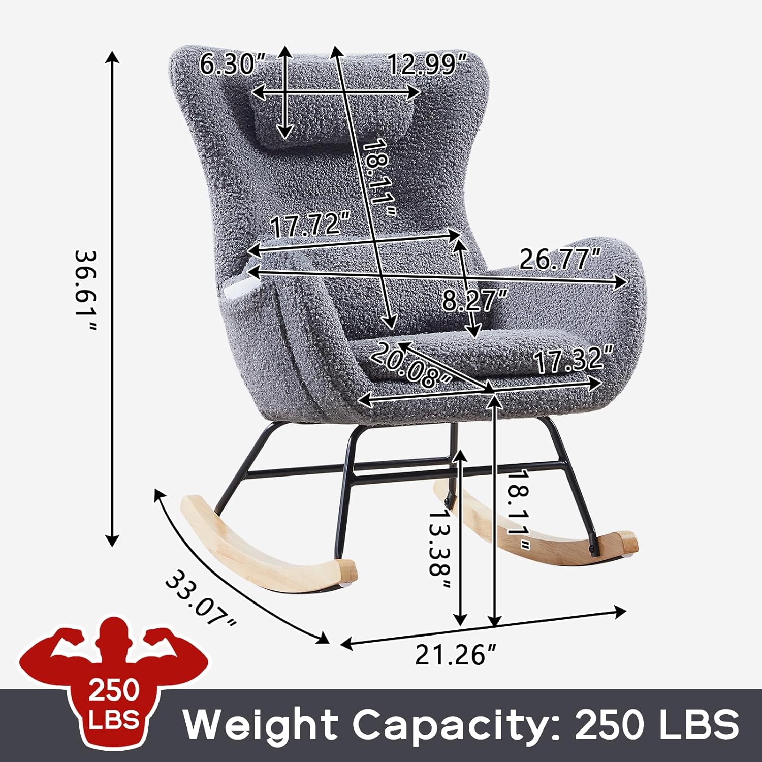 NIOIIKIT Mecedora para guardería, mecedora tapizada de peluche con reposacabezas y almohada lumbar, respaldo alto con bolsillo lateral, cómodo