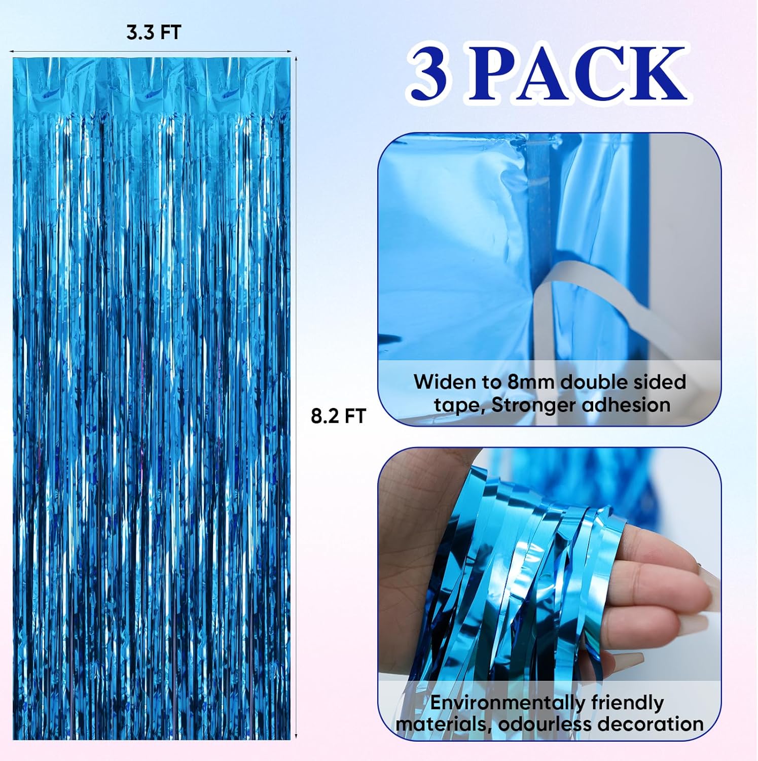 Paquete de 3 cortinas de flecos de aluminio, cortinas de oropel de 3.3 x 8.2 pies, vaporizadores azules para decoración de fiesta, cortinas de fondo