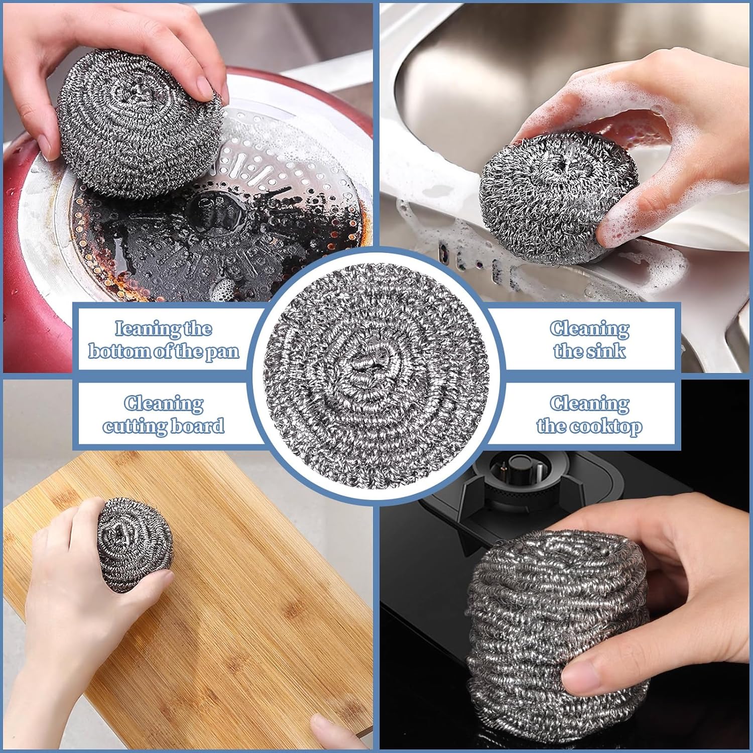 Estropajo de acero inoxidable para fregar, esponjas mágicas de borrador, sartén limpia y estante para asar, lana de acero para cocina y baño (6