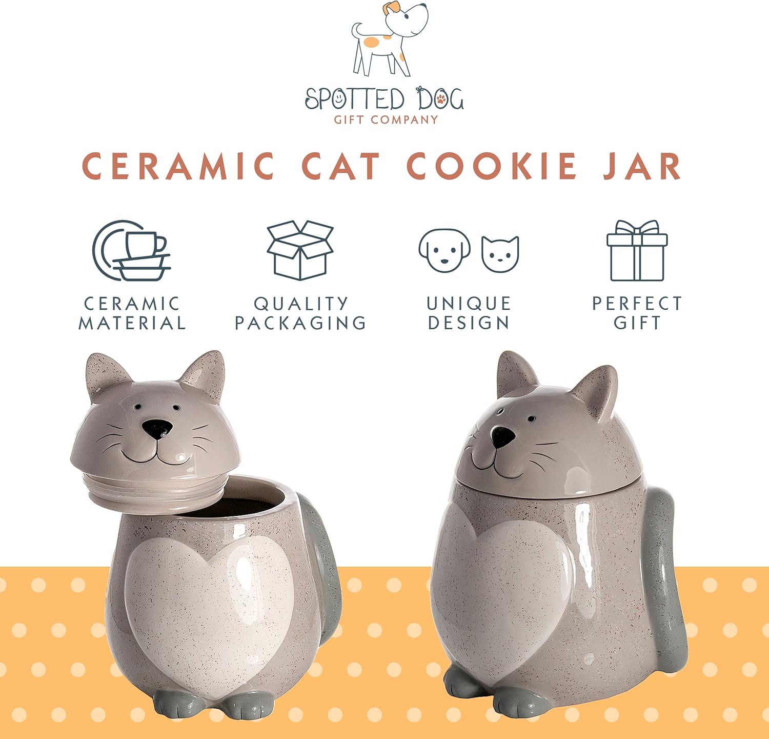 SPOTTED DOG GIFT COMPANY Tarro de galletas para gatos con tapa, recipiente de cocina de cerámica para encimera, contenedor de almacenamiento de