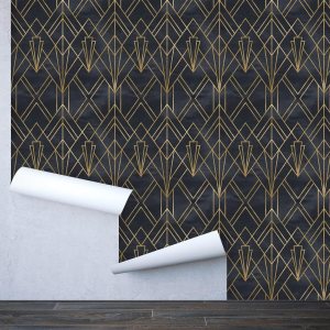 Coloritto Papel tapiz extraíble para despegar y pegar, mural de pared Art Deco autoadhesivo, líneas geométricas Art Deco, fondo negro acuarela Coloritto Papel tapiz extraíble para despegar y pegar, mural de pared Art Deco autoadhesivo, líneas geométricas Art Deco, fondo negro acuarela