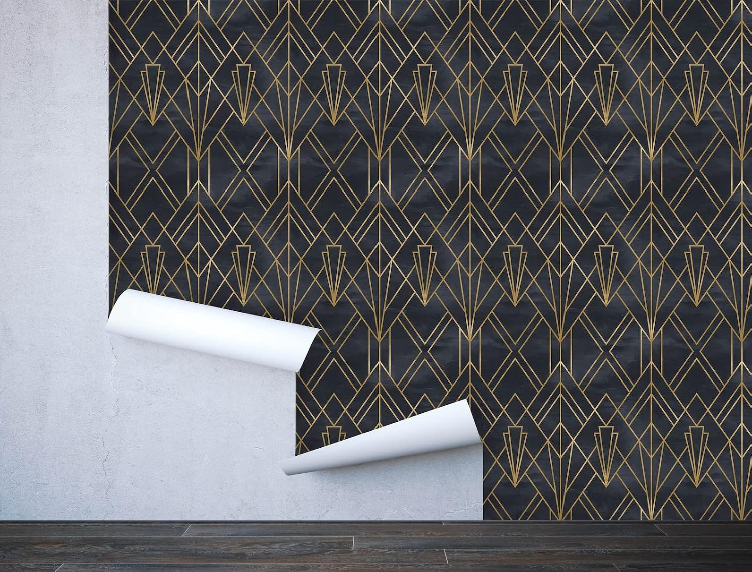 Coloritto Papel tapiz extraíble para despegar y pegar, mural de pared Art Deco autoadhesivo, líneas geométricas Art Deco, fondo negro acuarela