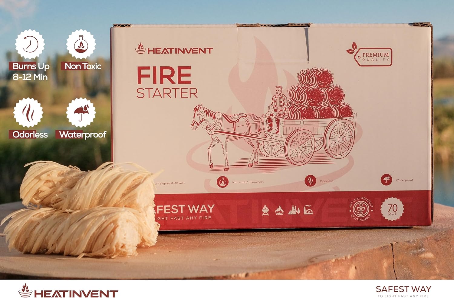 Heatinvent Arrancador de fuego – Arrancador de fuego para fogatas – 70 piezas de arrancadores de fuego para parrilla, chimenea, fogata, barbacoa,