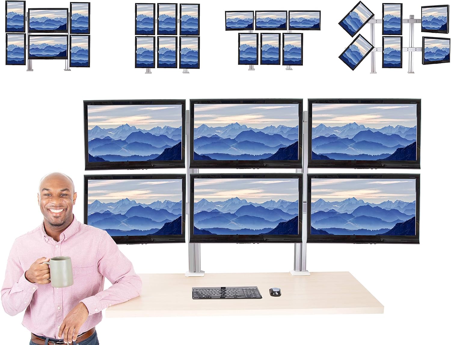 Stand Steady Configuración de escritorio para 6 monitores, soporte de monitor ajustable en altura resistente, brazo giratorio con base de